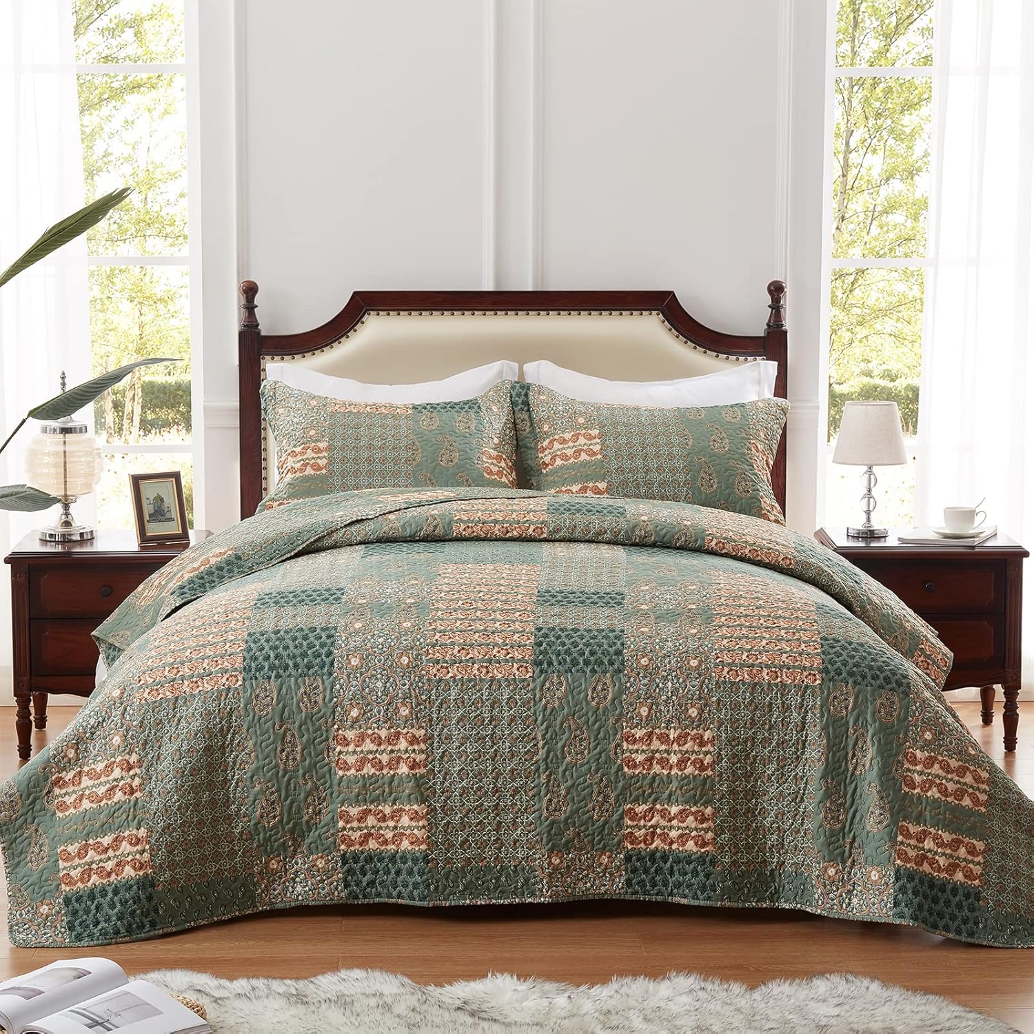 LEAONME 3-Piece California King Quilt Set Olive Green 1