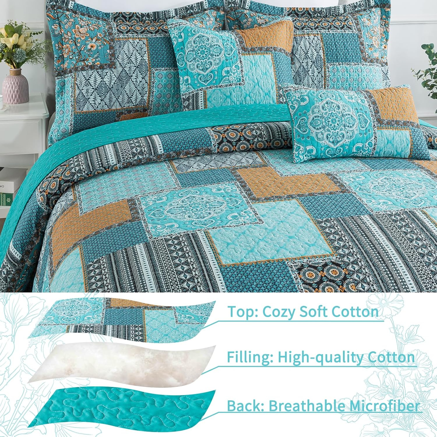 VAPUTAR Queen Size Quilt Bedding Set - 3 Piece Teal Green Chic