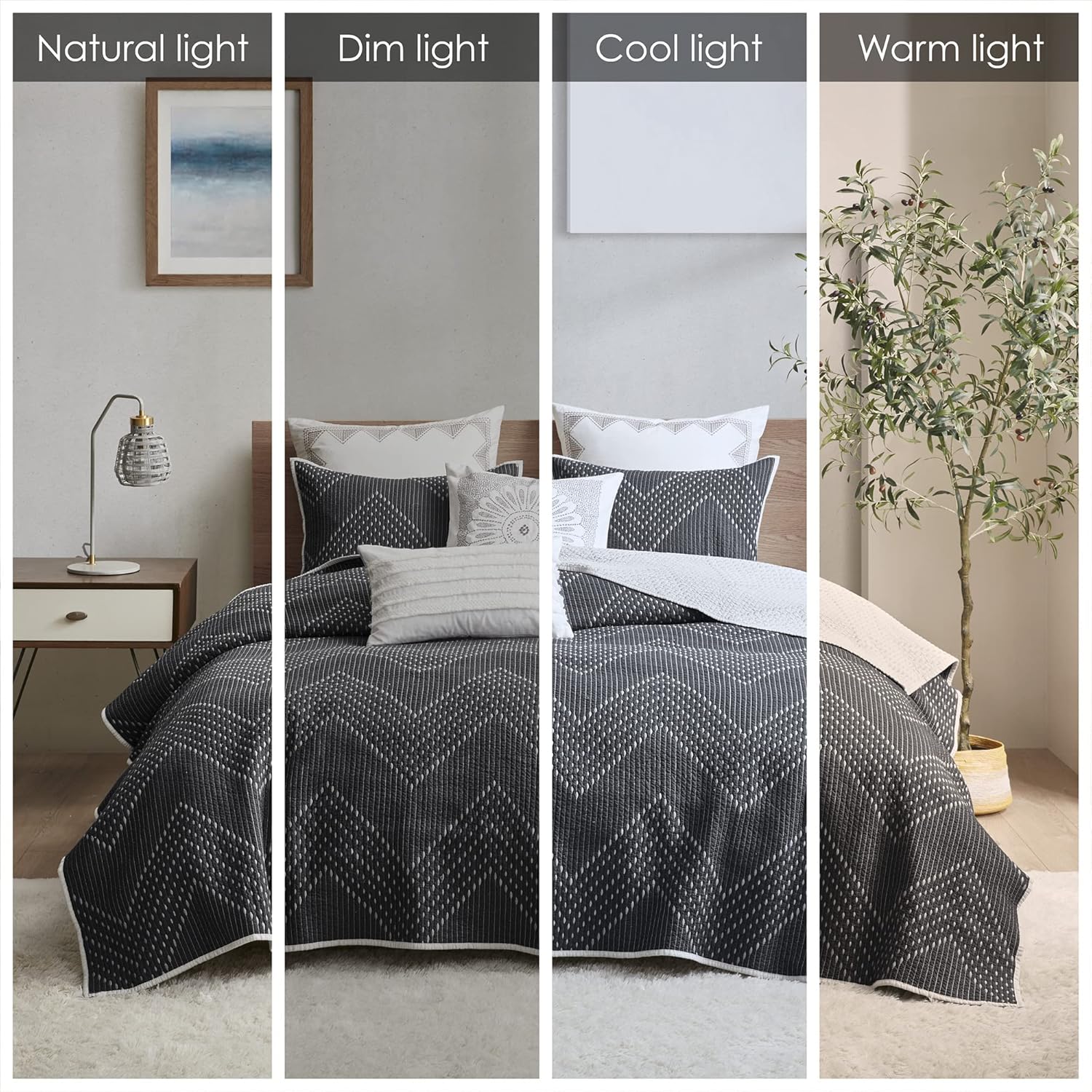 INKIVY Reversible Chevron Cotton Quilt Set - 3 Piece Black FullQueen