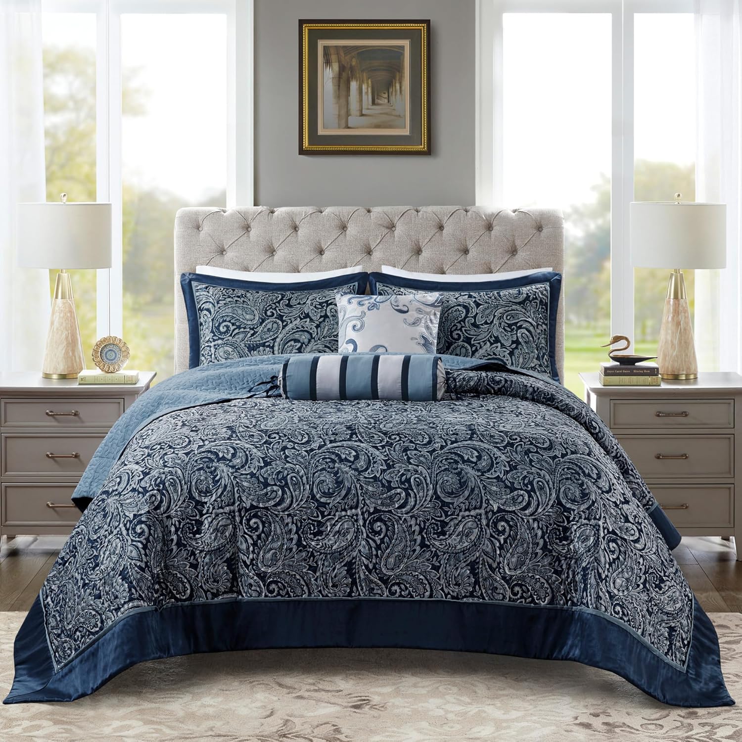 Madison Park Aubrey Reversible Quilted Bedspread Set Queen Navy 5 Piece