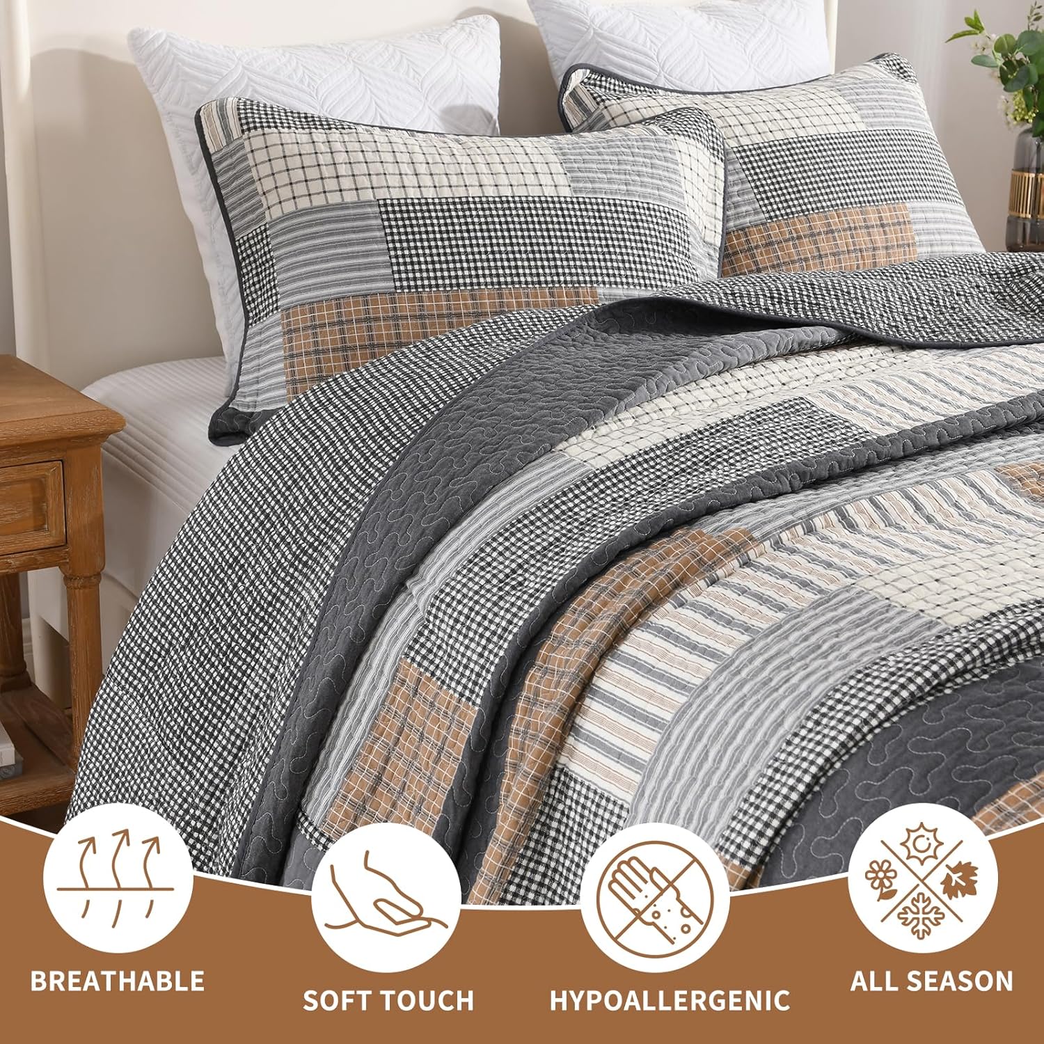 Soforpring 100 Cotton Cal King Bedspread Set - 120x120 Gray Farmhouse Plaid 3pcs