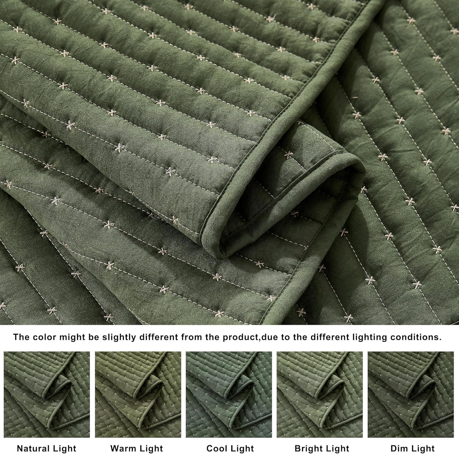 WDCOZY Olive Green Cross Stitch Queen Quilt Set 1