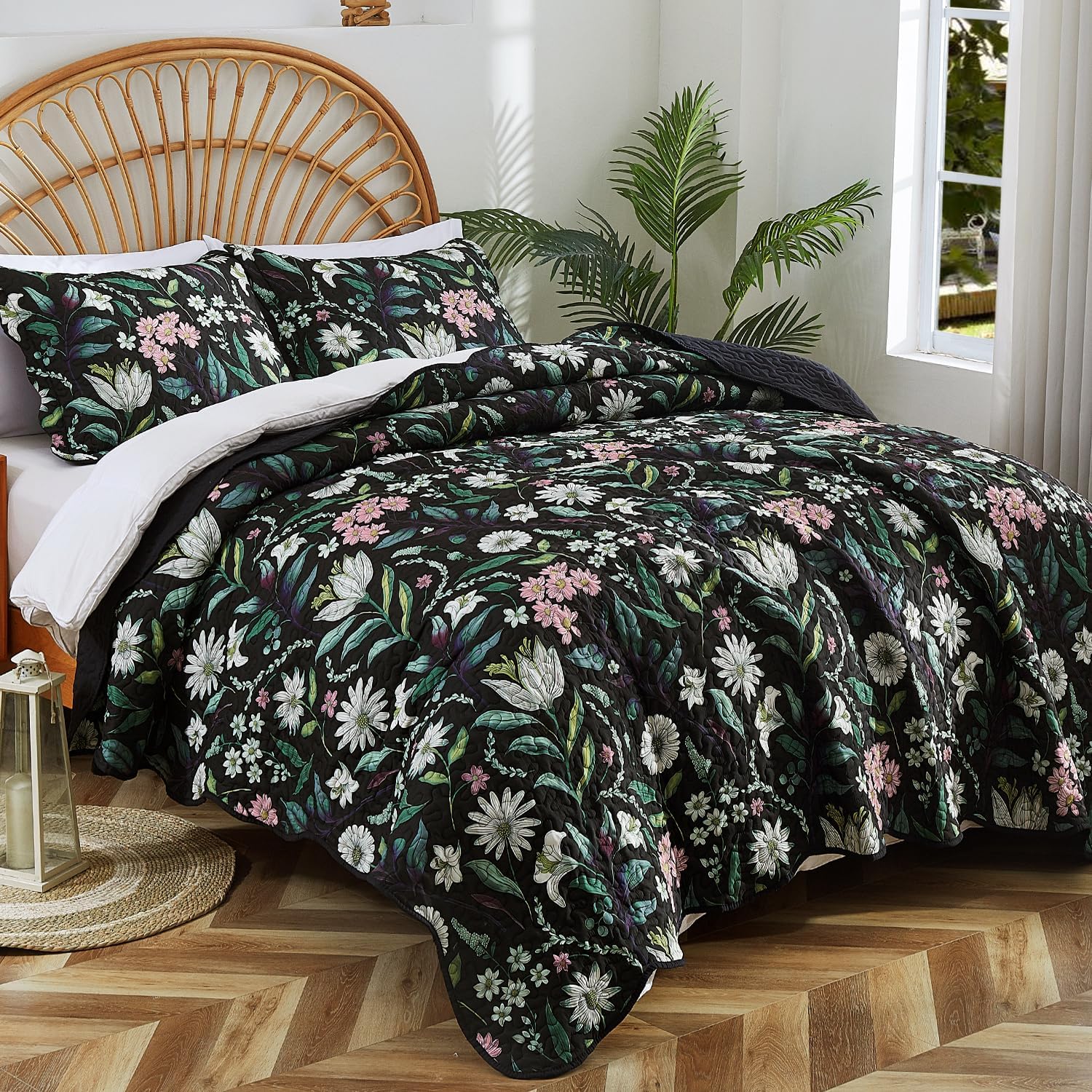 EVENHUG Floral Quilt Set Queen Size 3 Piece
