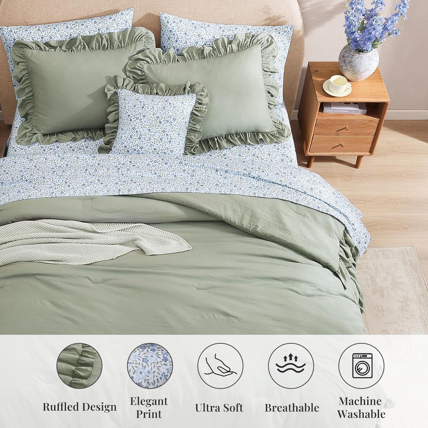 BLOOMHAVEN Queen Comforter Set 7-Piece Ruffle Sage Green