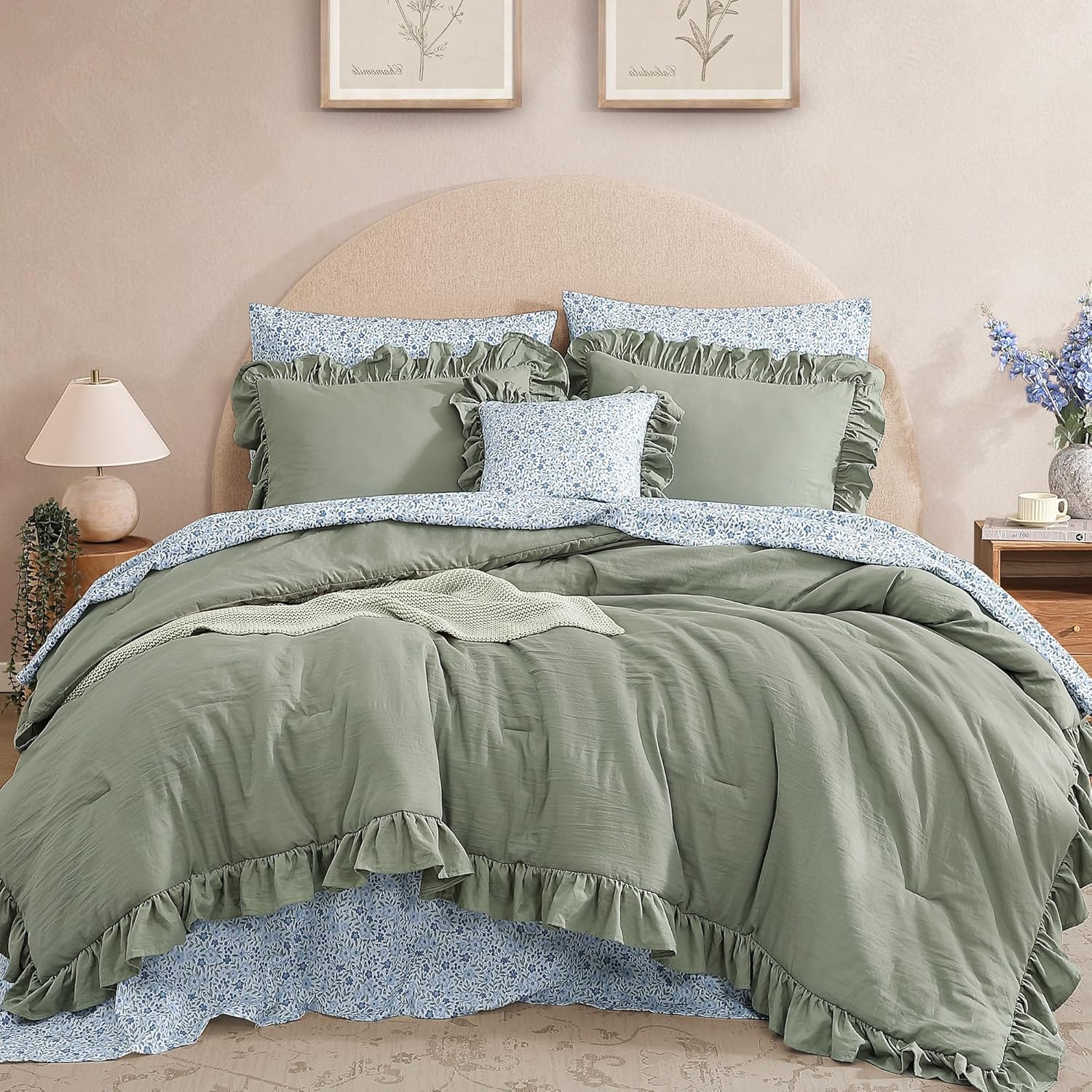 BLOOMHAVEN Queen Comforter Set 7-Piece Ruffle Sage Green