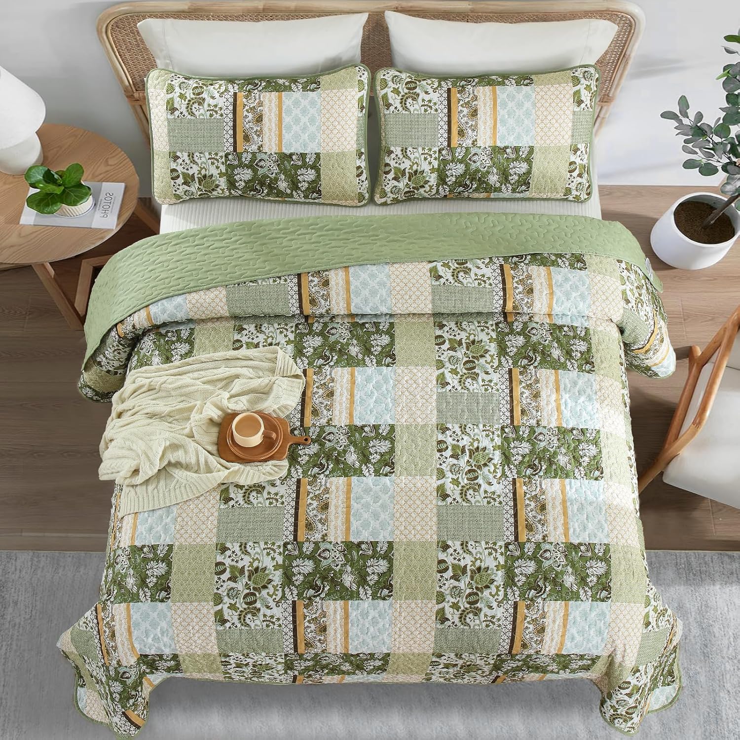 WONGS BEDDING 3-Piece Queen Quilt Set Green Plaid