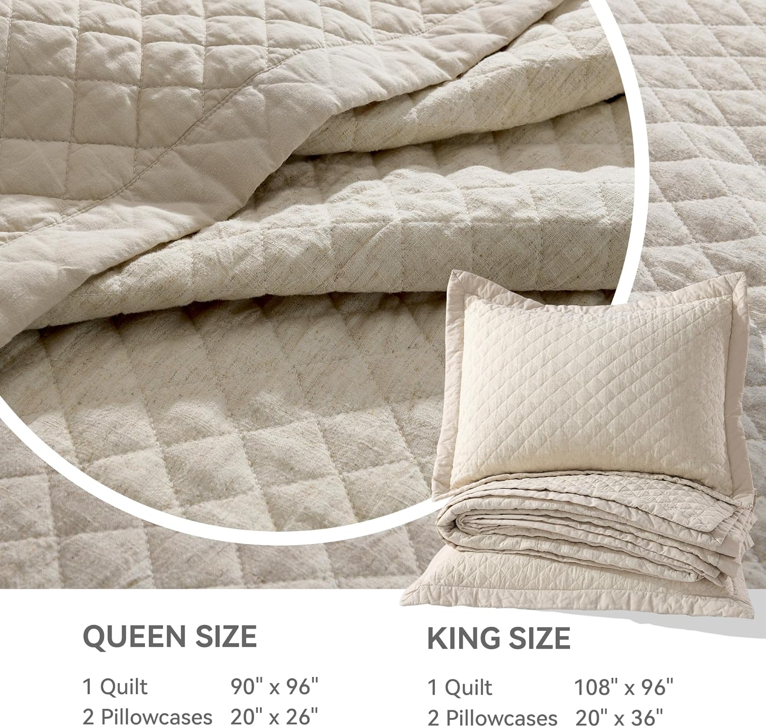 Grassix Queen Linen Front Cotton Back Quilt Set 3 Piece