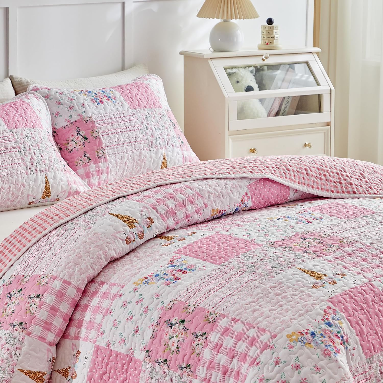 Joyreap Twin Quilt Set for Girls Pink Butterflies Flowers Design