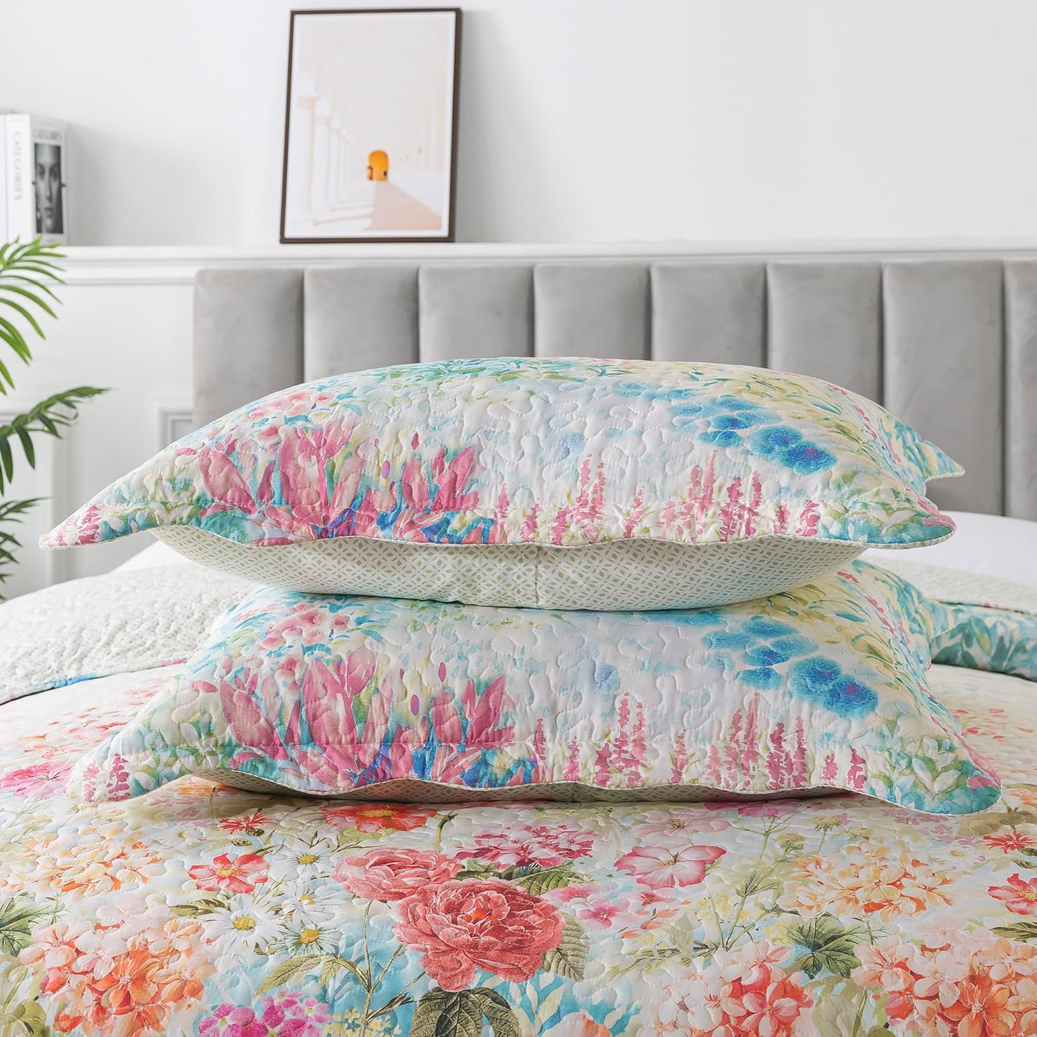 HoneiLife King Quilt Set - Floral Design Coral Pink