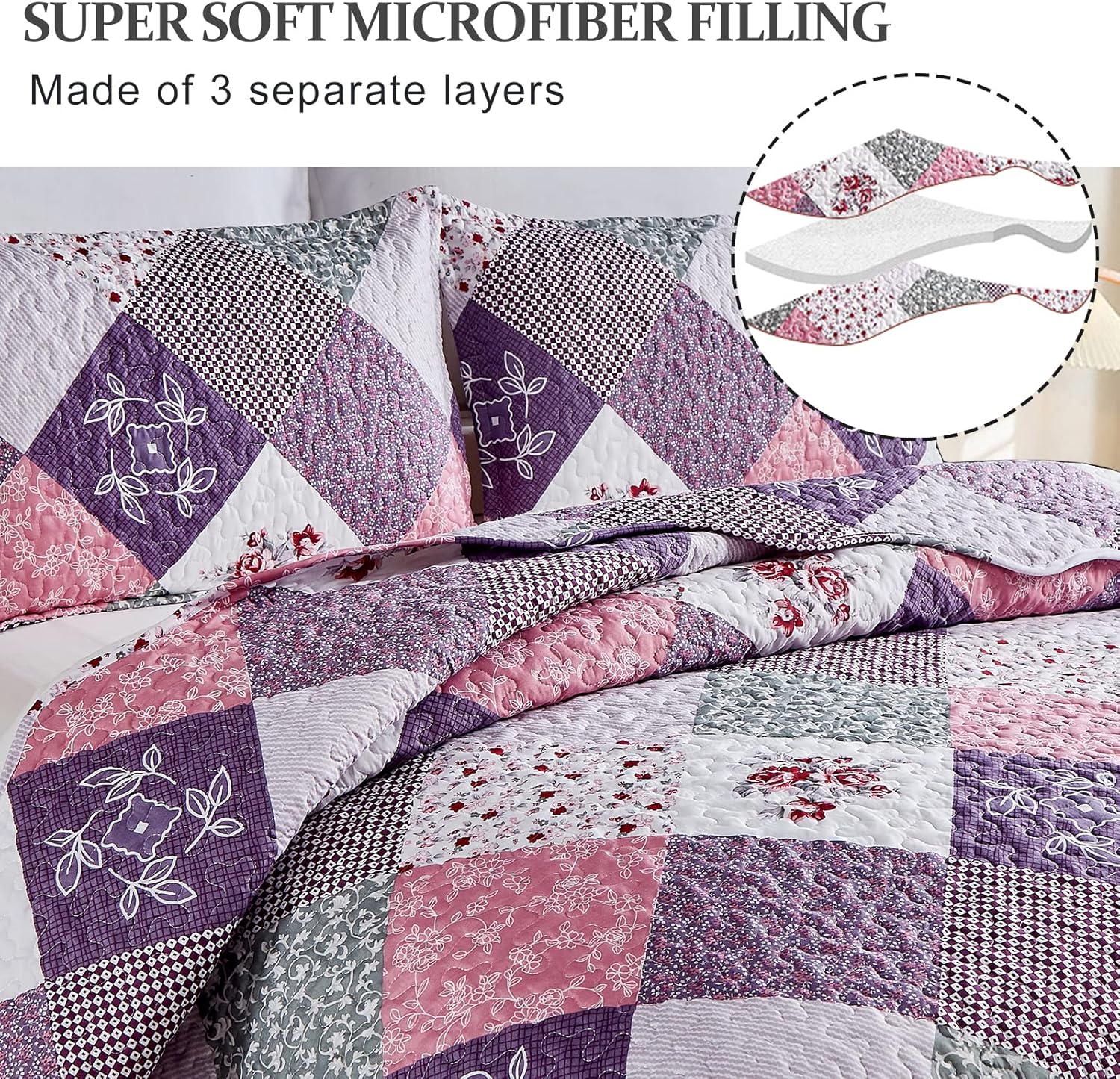 Dinjoy Purple Floral Quilt Set Cal King Size