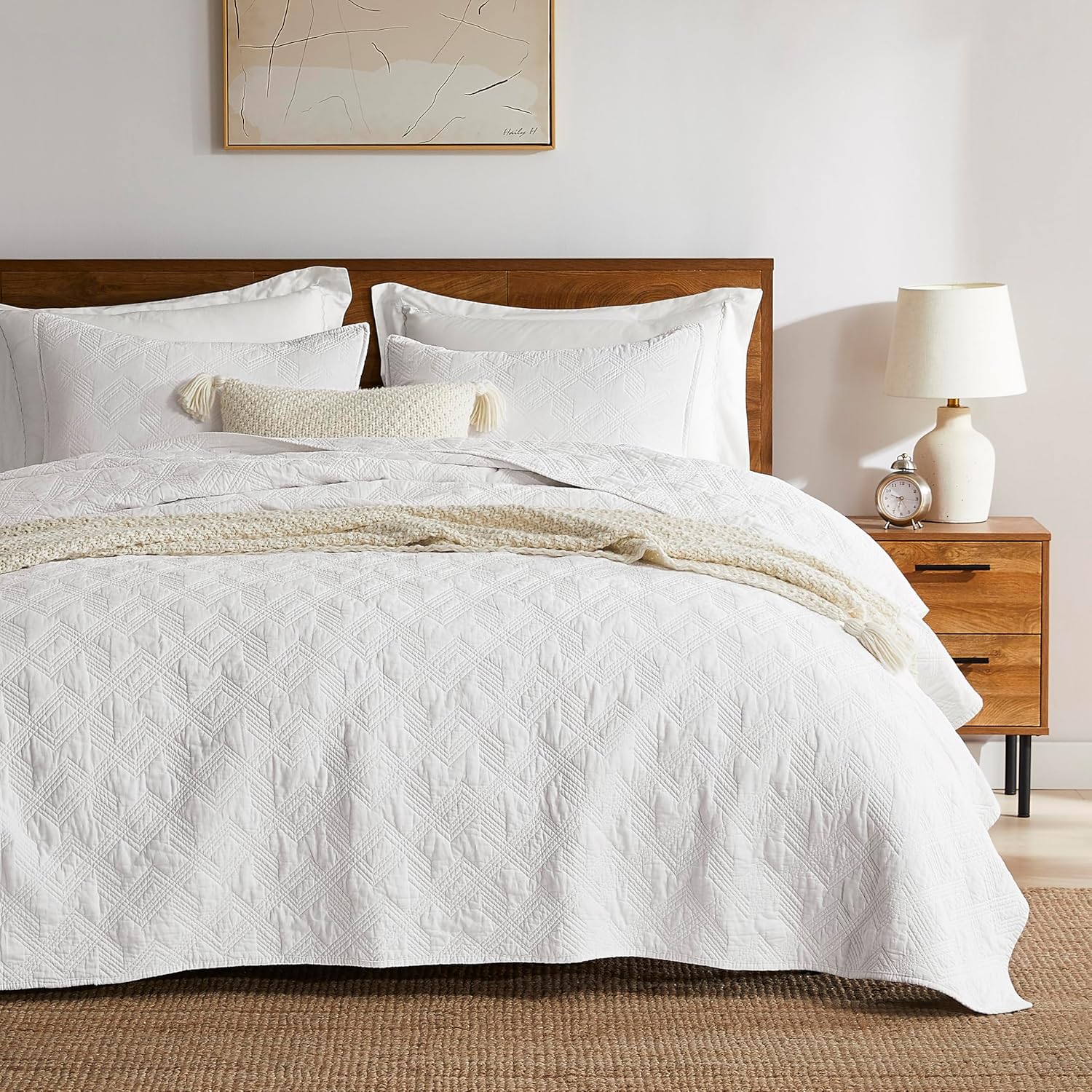 WDCOZY White Cotton Quilt Set Queen Size
