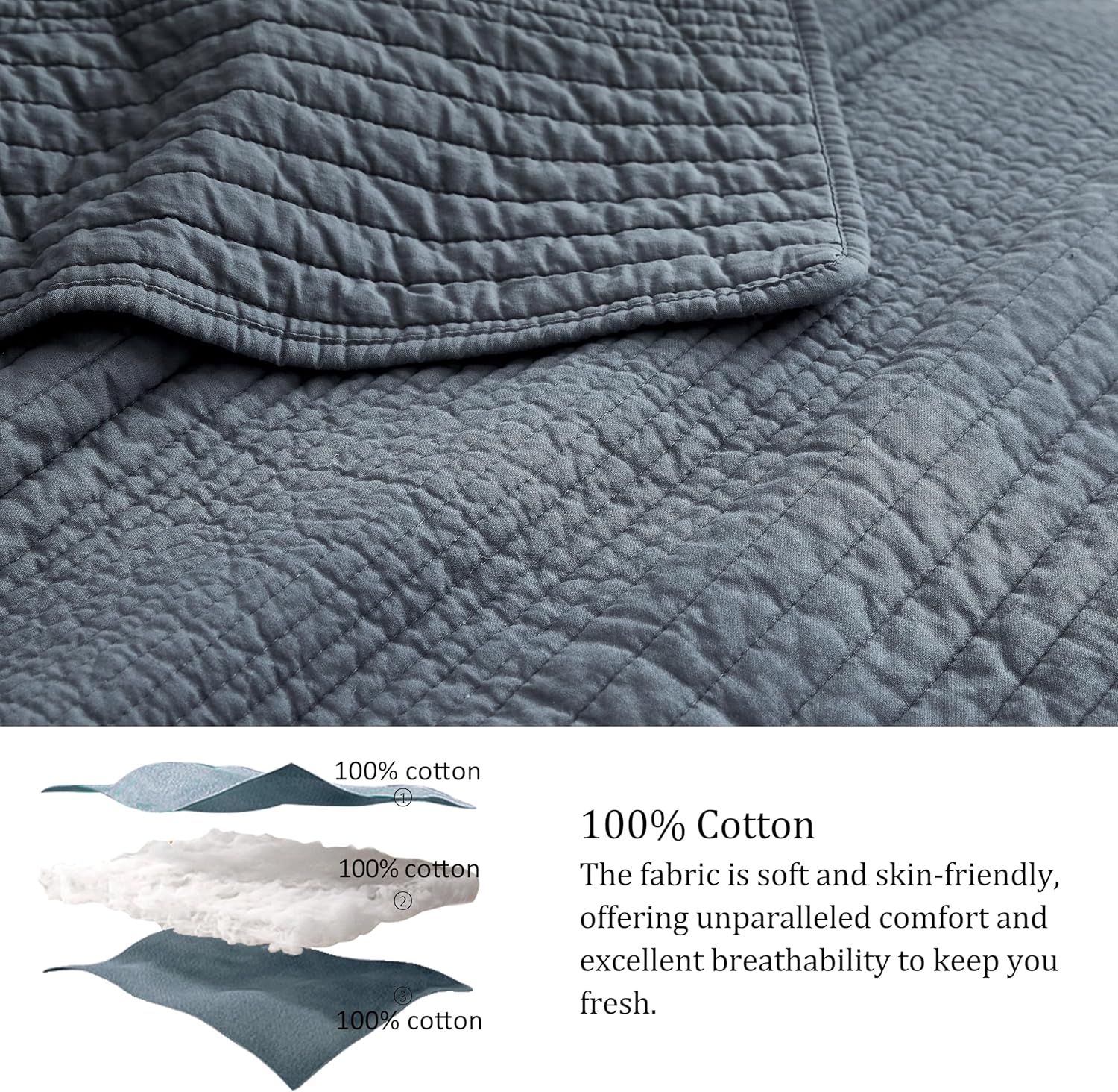 Palassio Striped Blue Grey Cotton Quilt Set King Size 2 Shams