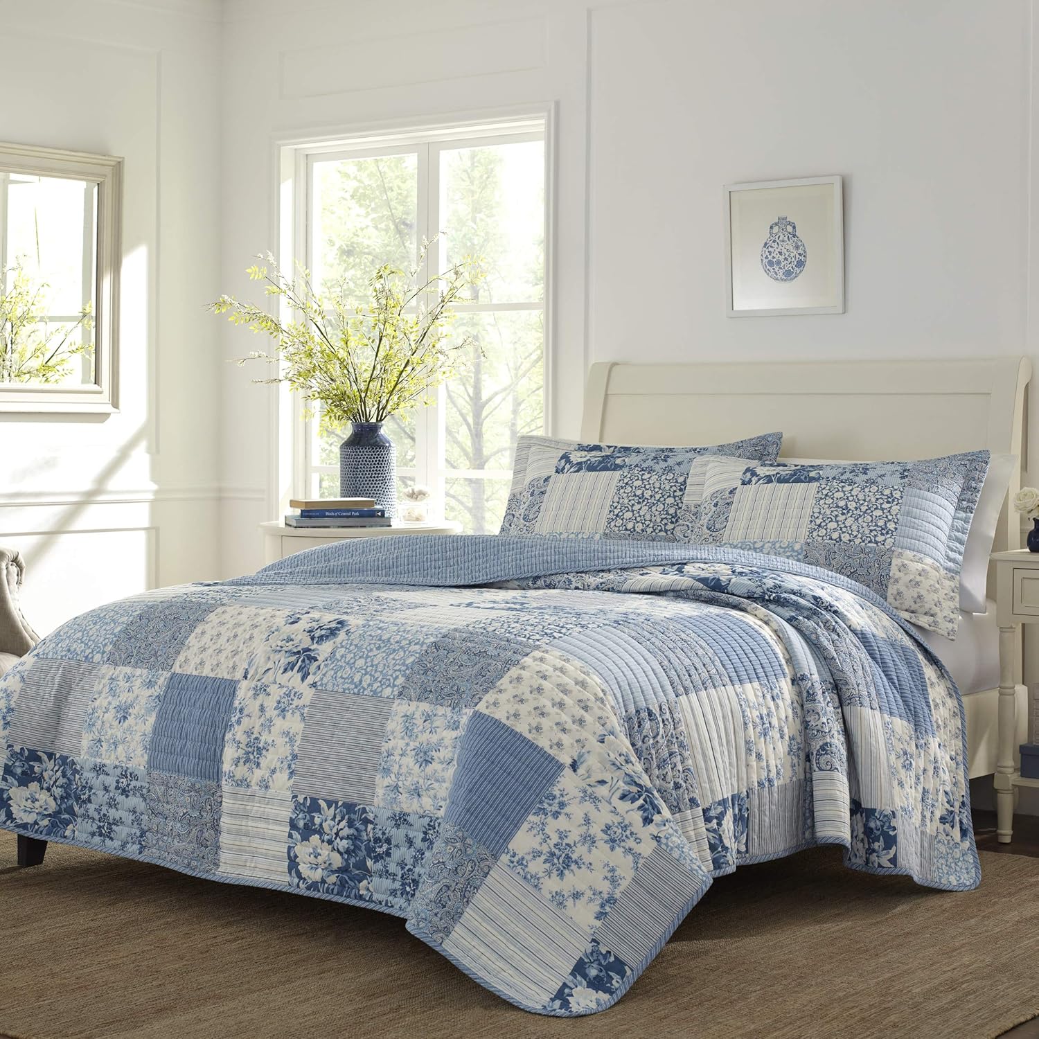 Laura Ashley Twin Quilt Set - Paisley Printed Patchwork Blue