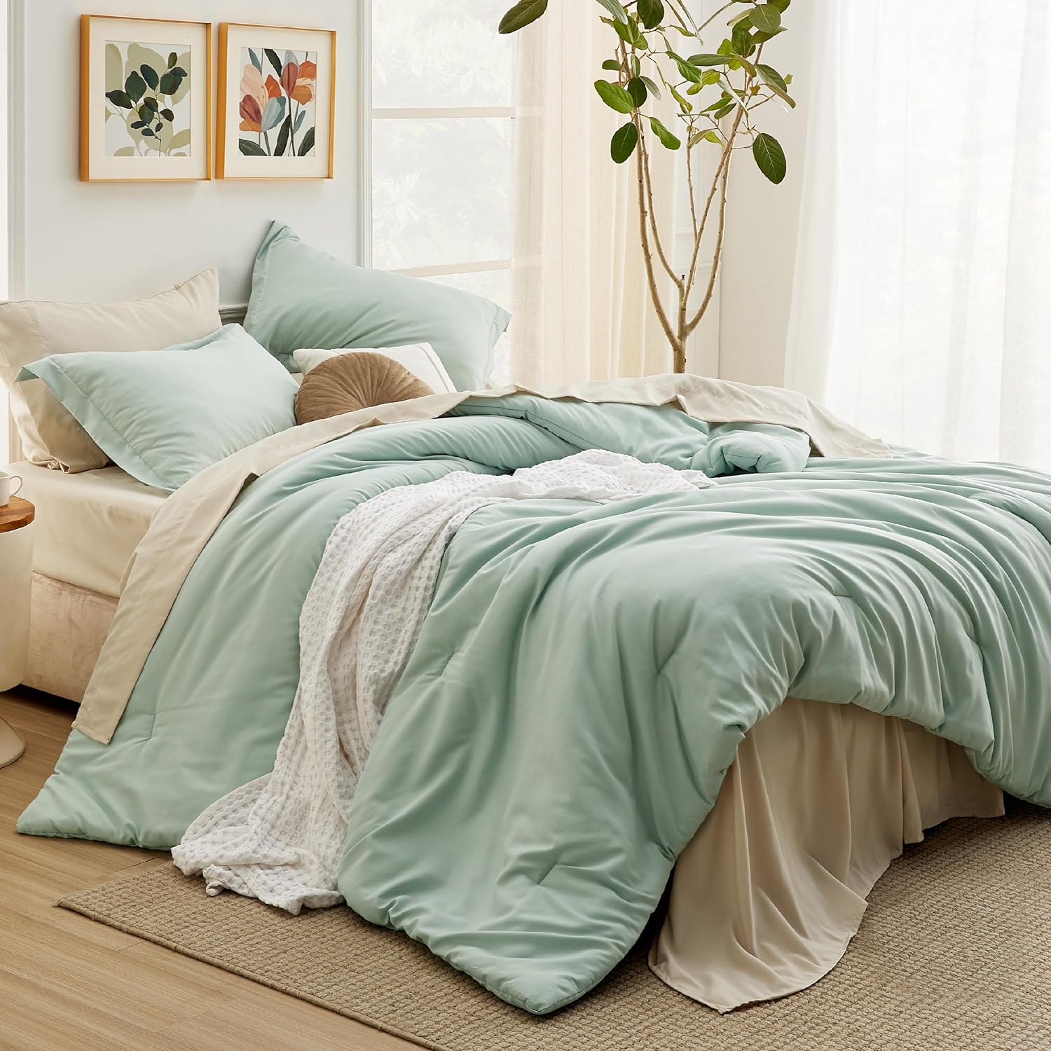 Bedsure Queen Comforter Set - 7 Piece Sage Green Bedding with Contrasting Design