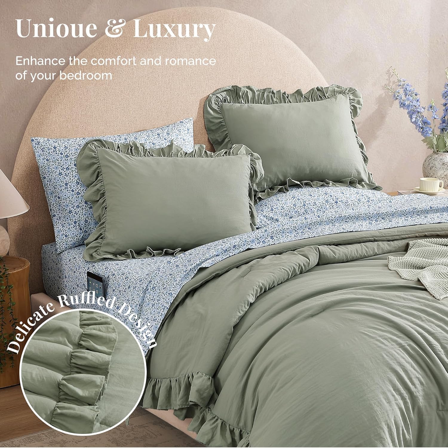 BLOOMHAVEN Queen Comforter Set 7-Piece Ruffle Sage Green