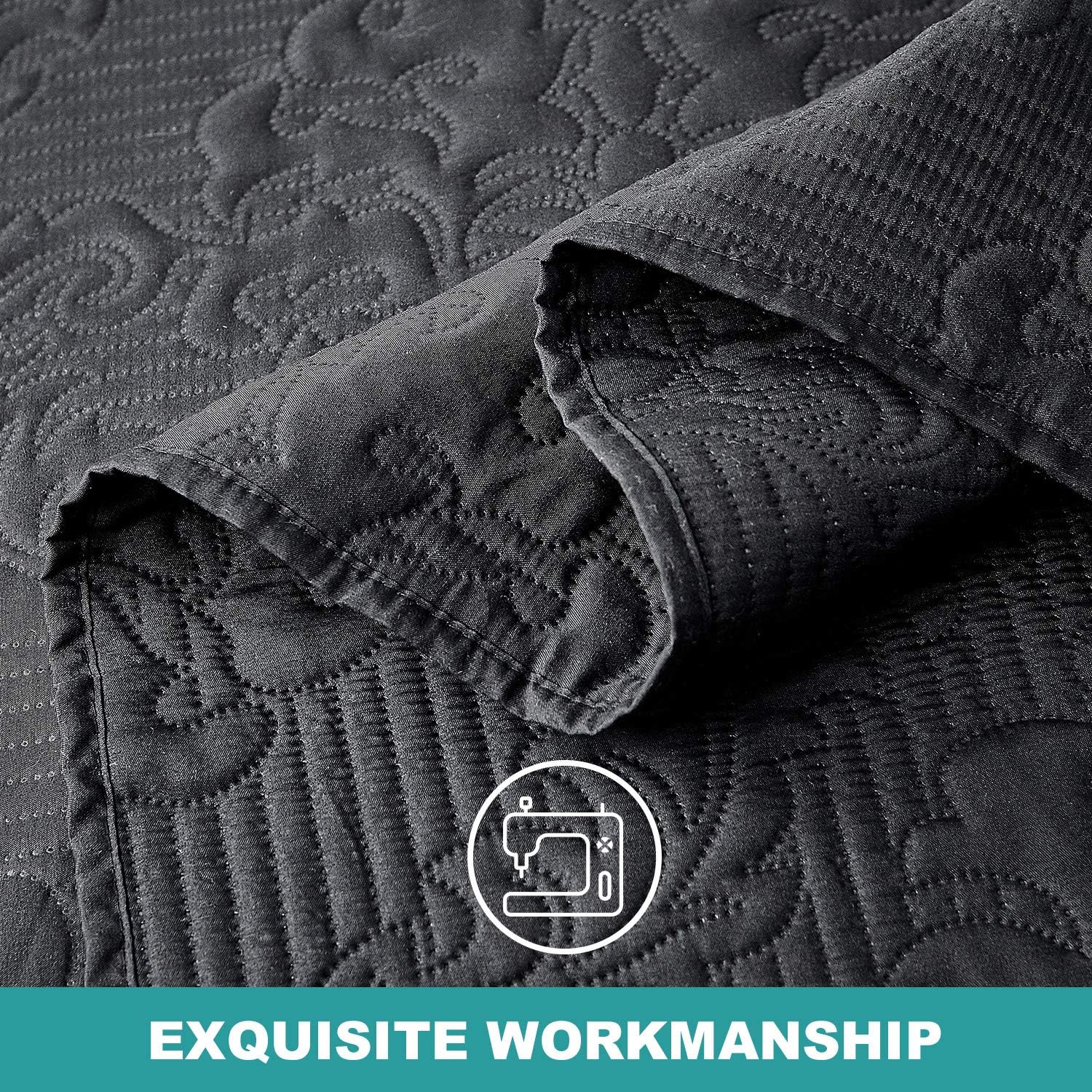 Hansleep Black Quilt Queen Set - 3 Piece Damask Ultra Soft Coverlet Bedding