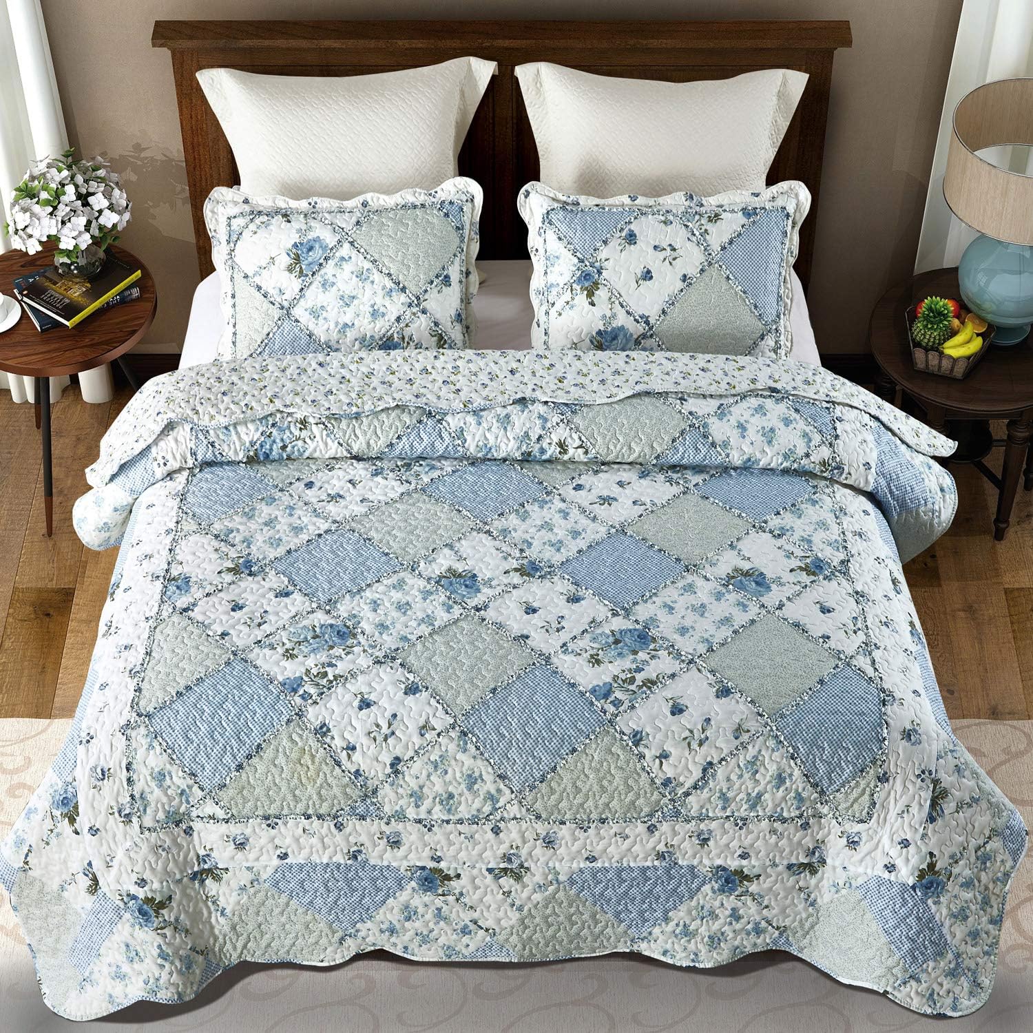 VIVILINEN Blue Floral Patchwork Quilt Set King Size Reversible