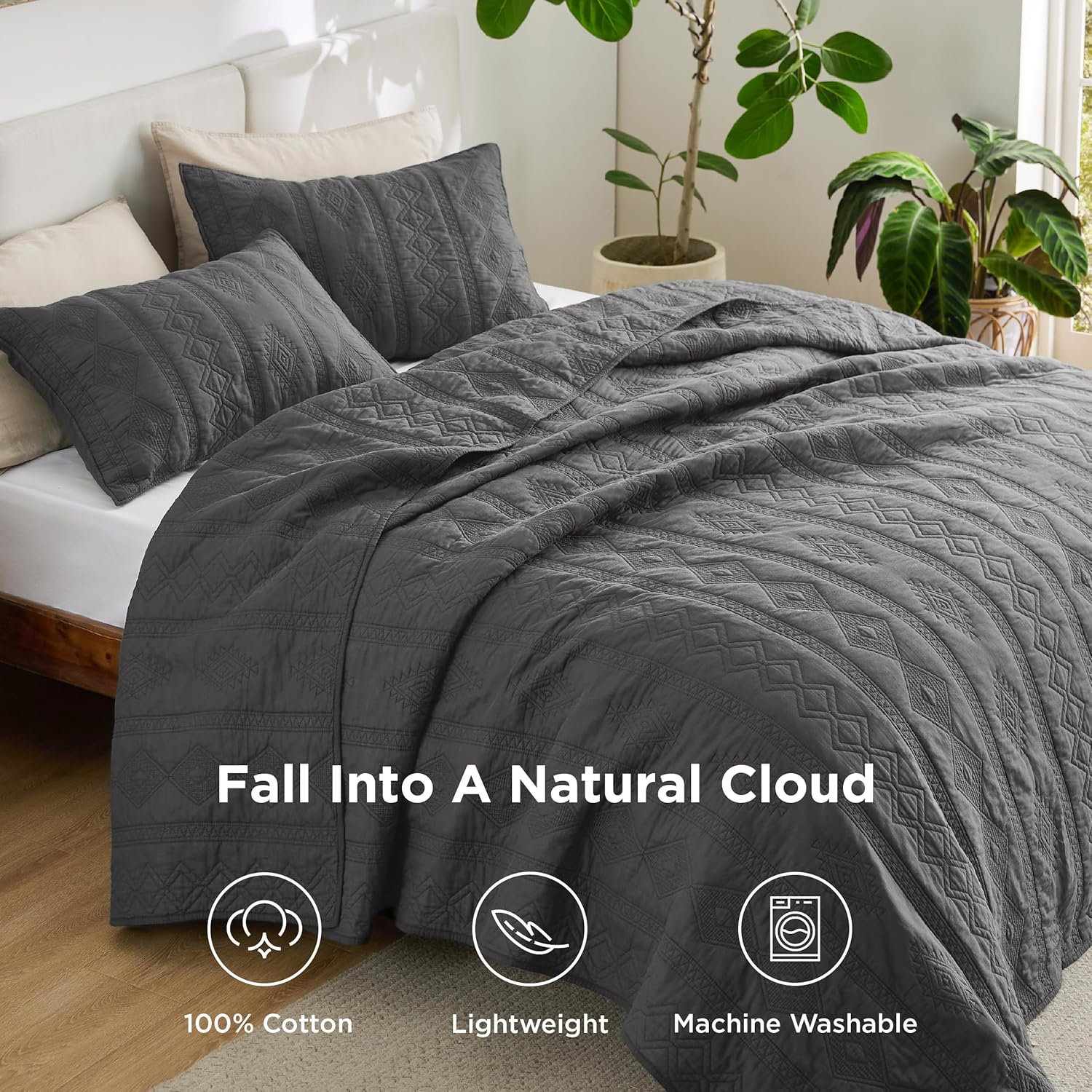 Bedsure Cotton Quilt Bedding Set - Grey 3-Piece with Pillow Shams