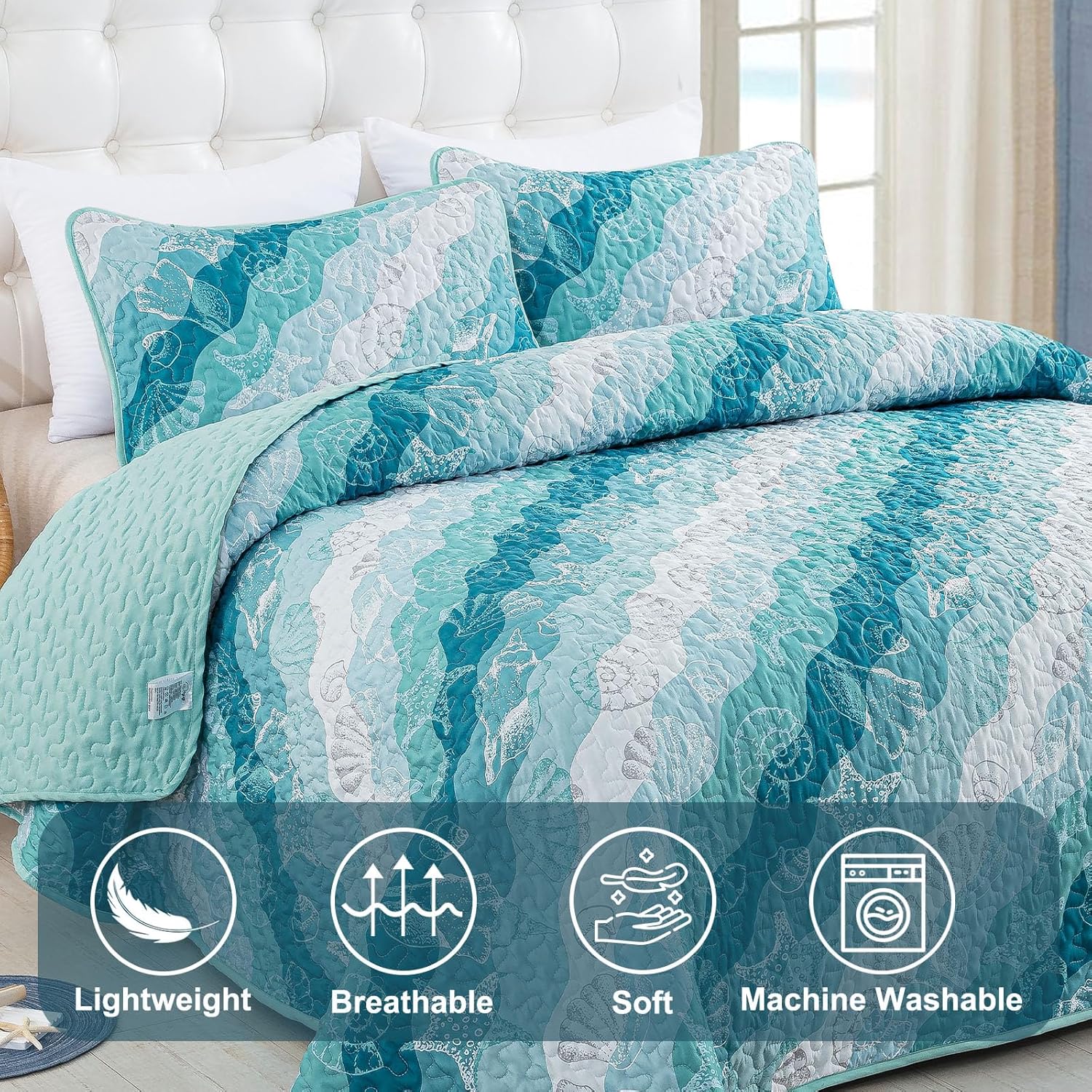Dinjoy Coastal Blue Green Queen Quilt Set