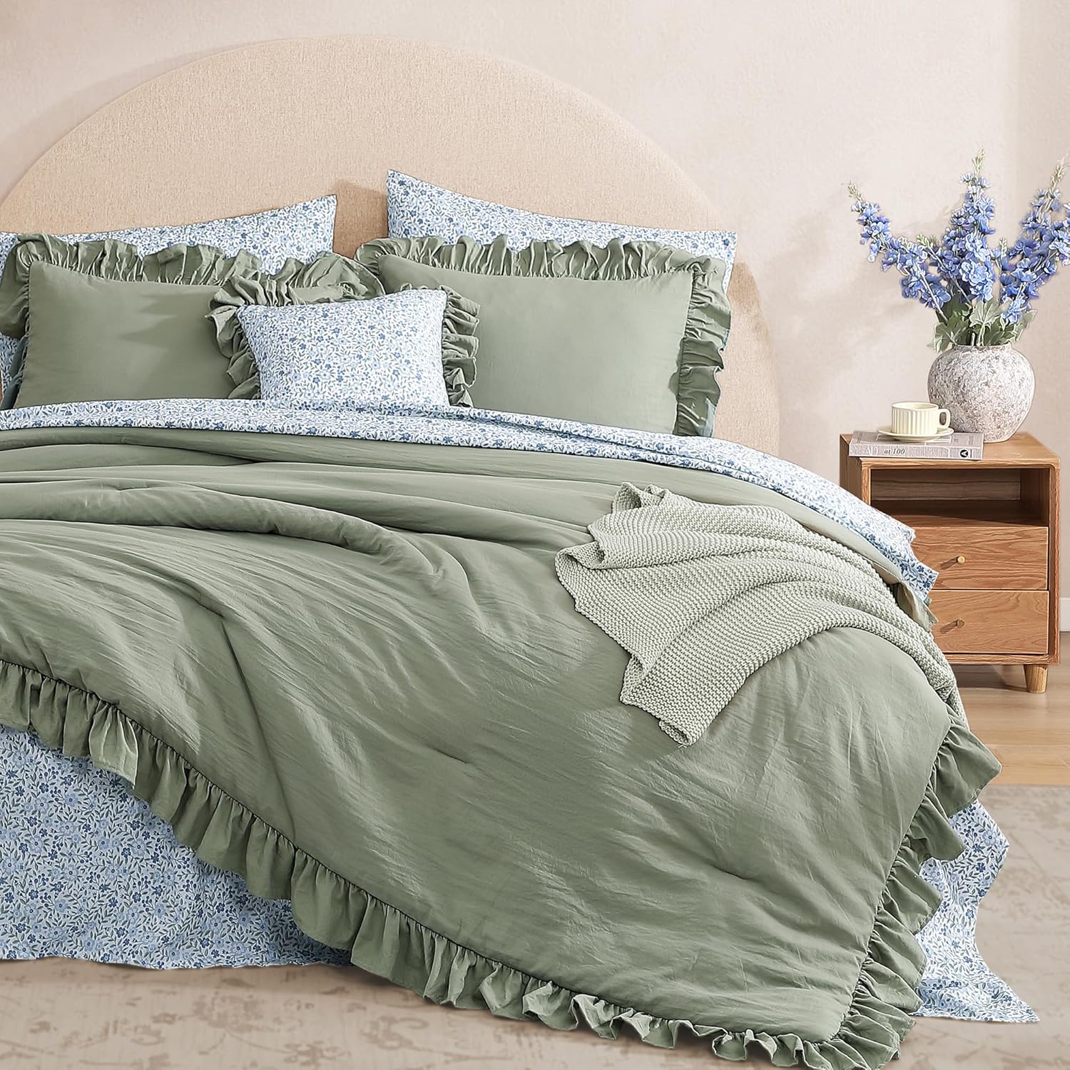 BLOOMHAVEN Queen Comforter Set 7-Piece Ruffle Sage Green