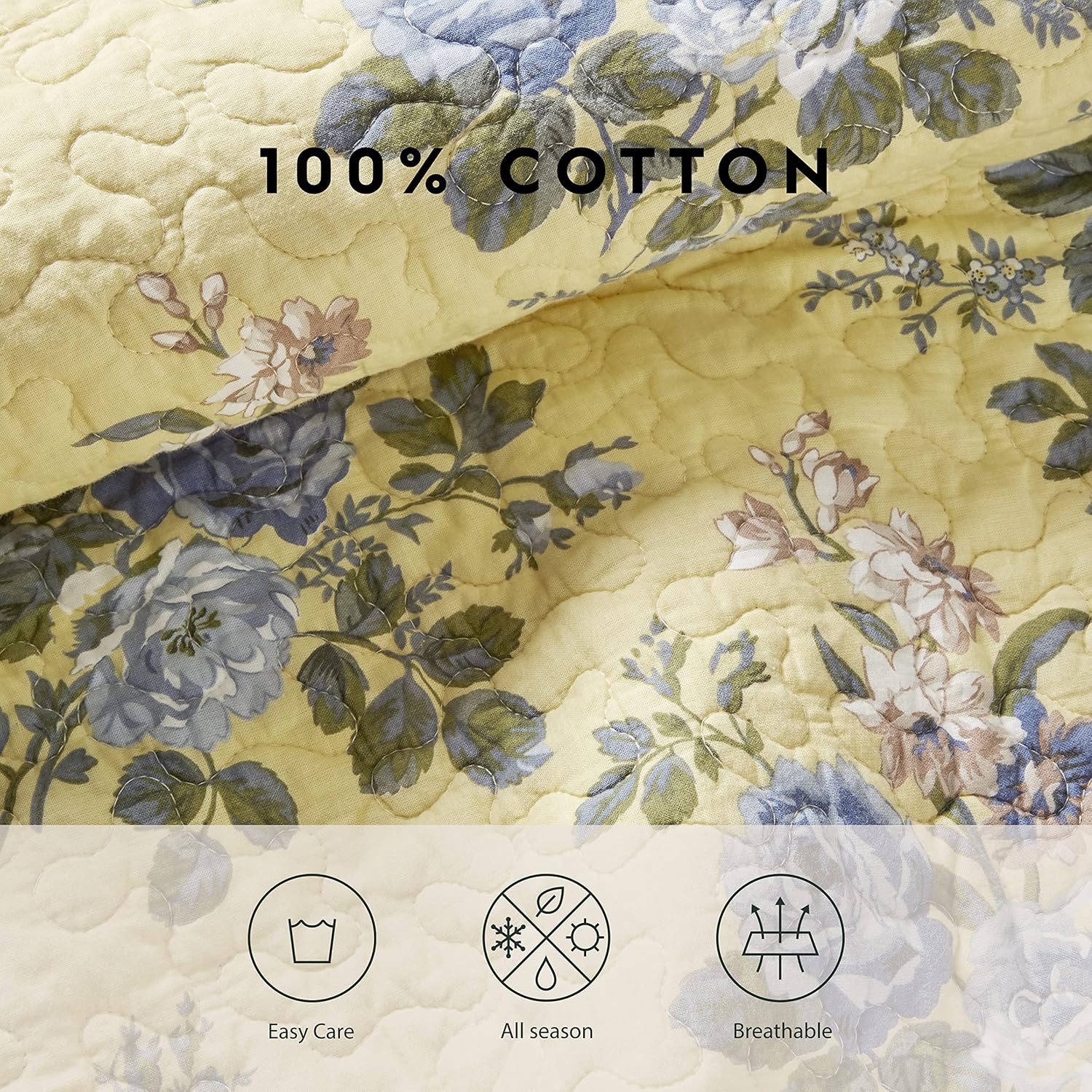Laura Ashley King Quilt Set - Linley Yellow 3 Piece Reversible Cotton