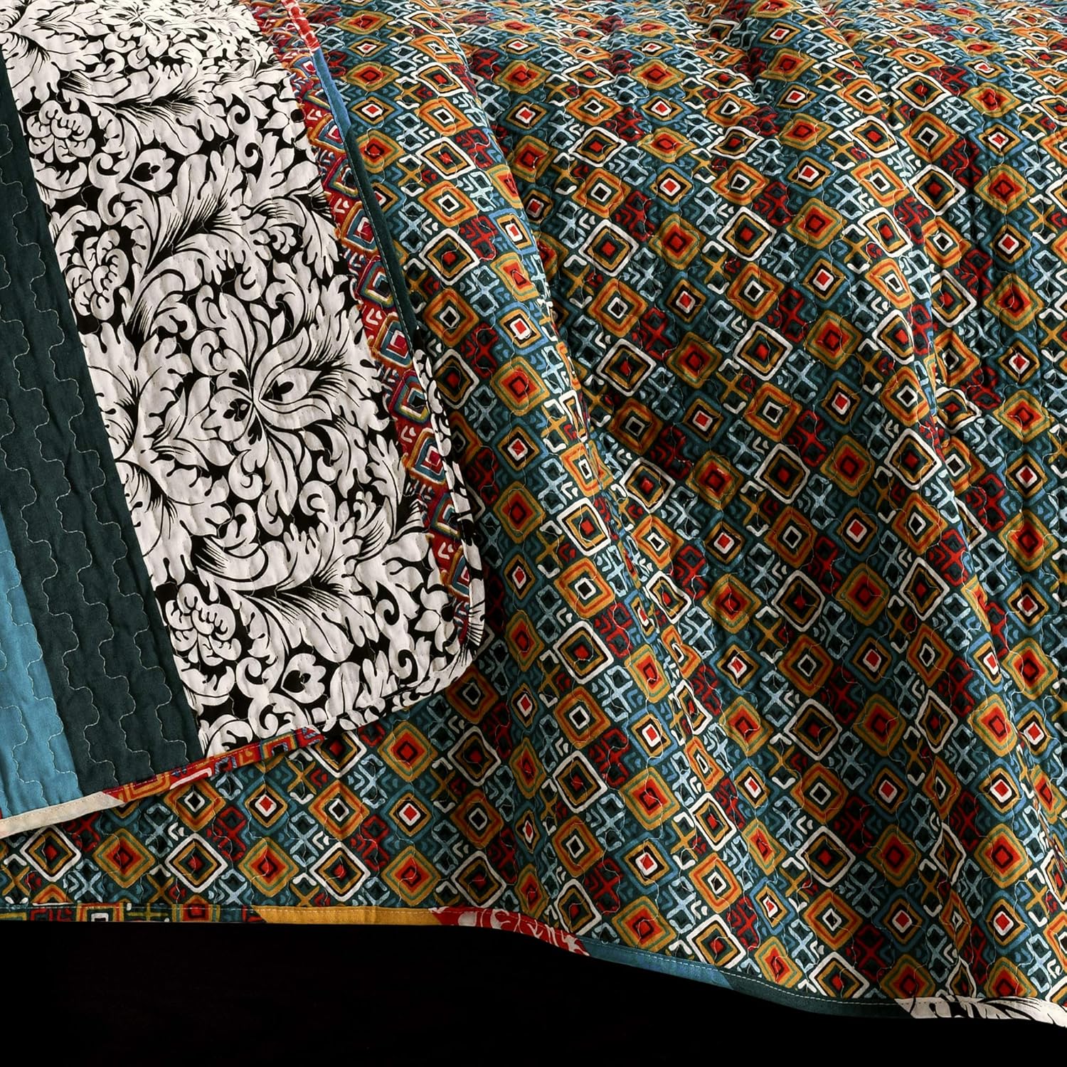 Boho Stripe Reversible Cotton Quilt Set King Turquoise Tangerine