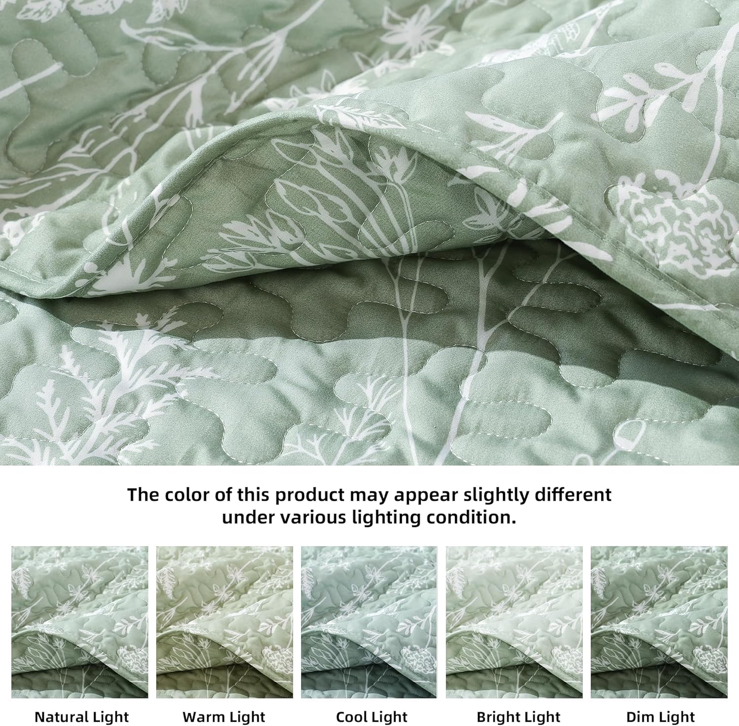 JANZAA King Size Sage Green Quilt Set - Boho Floral Pattern