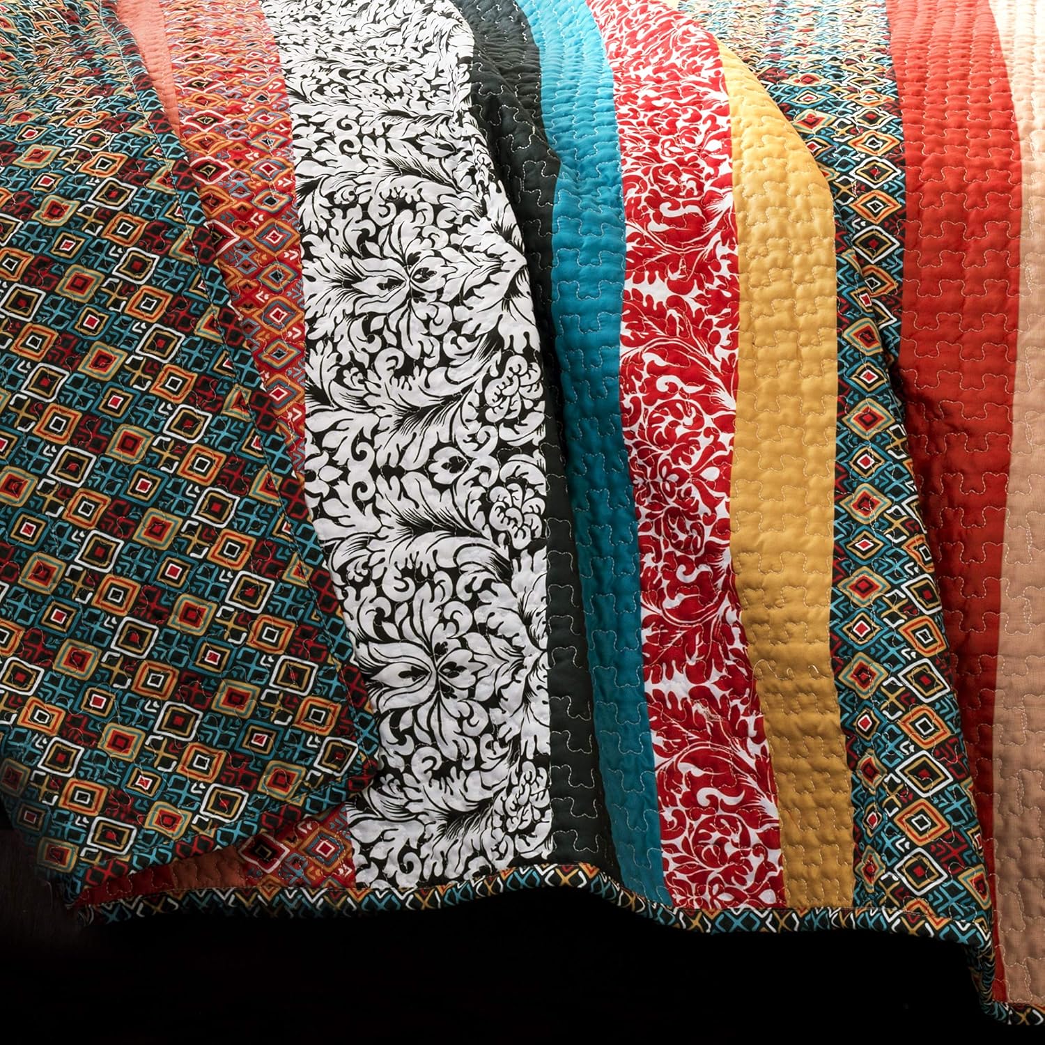 Boho Stripe Reversible Cotton Quilt Set King Turquoise Tangerine