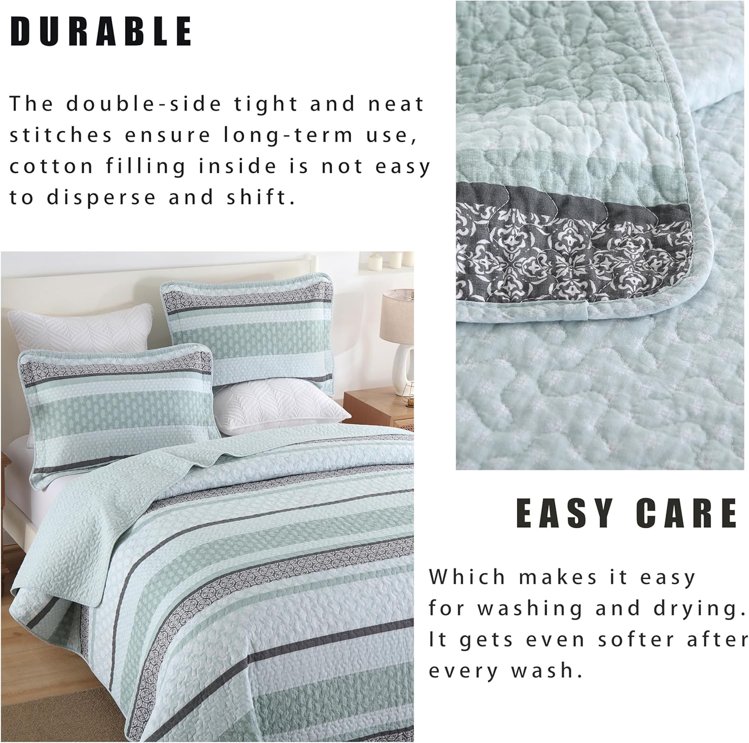Homzard Cotton Queen Quilt Set Mint Green Grey Striped Bedding 3 Piece