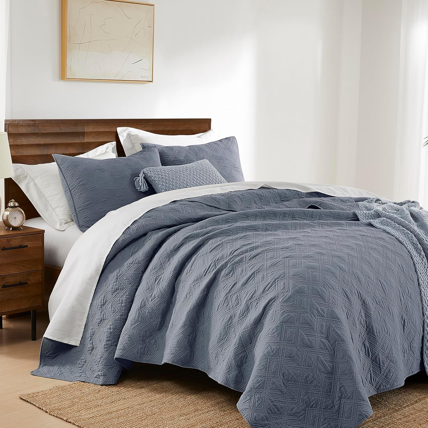 WDCOZY Blue Grey Cotton Quilt Set King Size 1