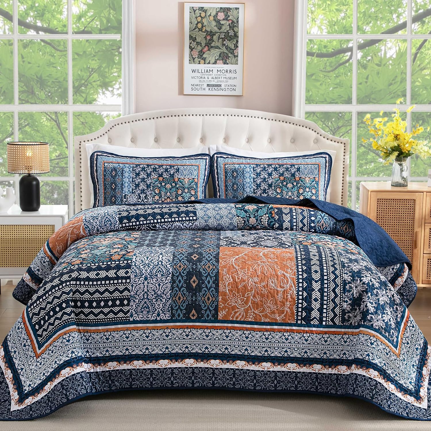 Navy Blue Bohemian Quilt Set Queen Size 96x90