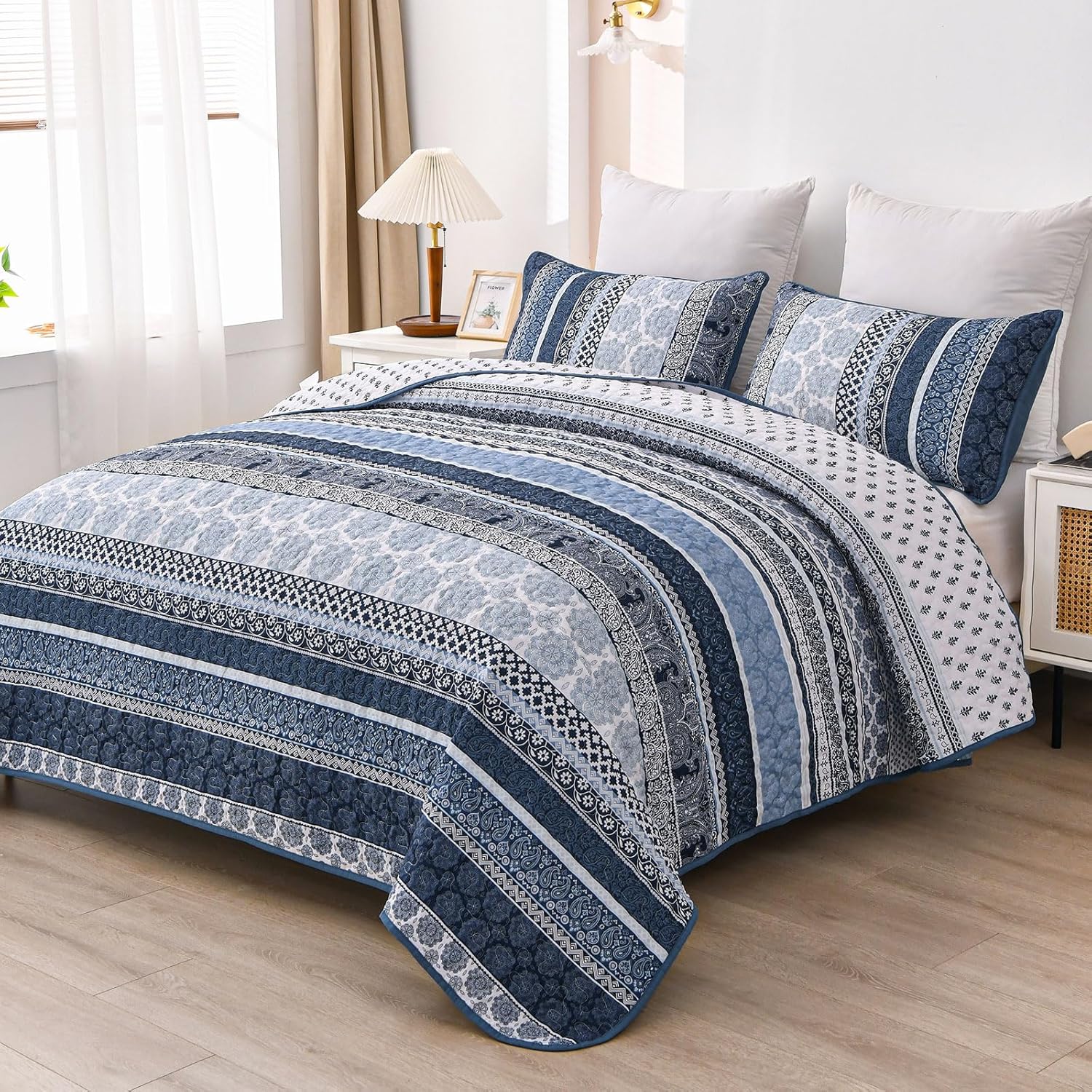 WONGS BEDDING Navy Blue Boho Queen Quilt Set 3pcs