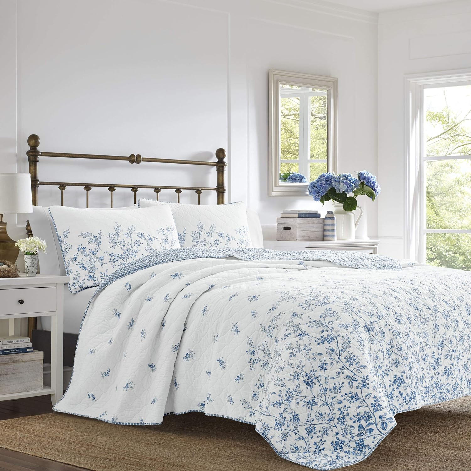 Laura Ashley Queen Quilt Set with Flora Blue Design