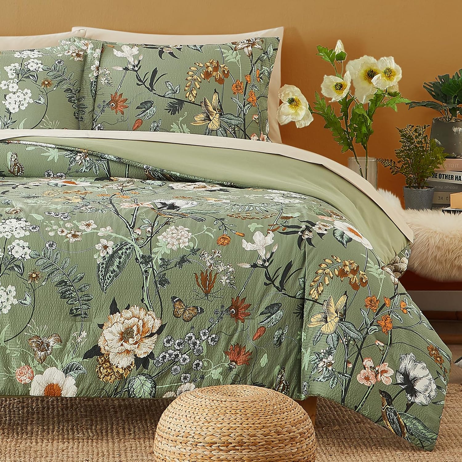 CASAAGUSTO Green Butterfly Queen Comforter Set 7PCS