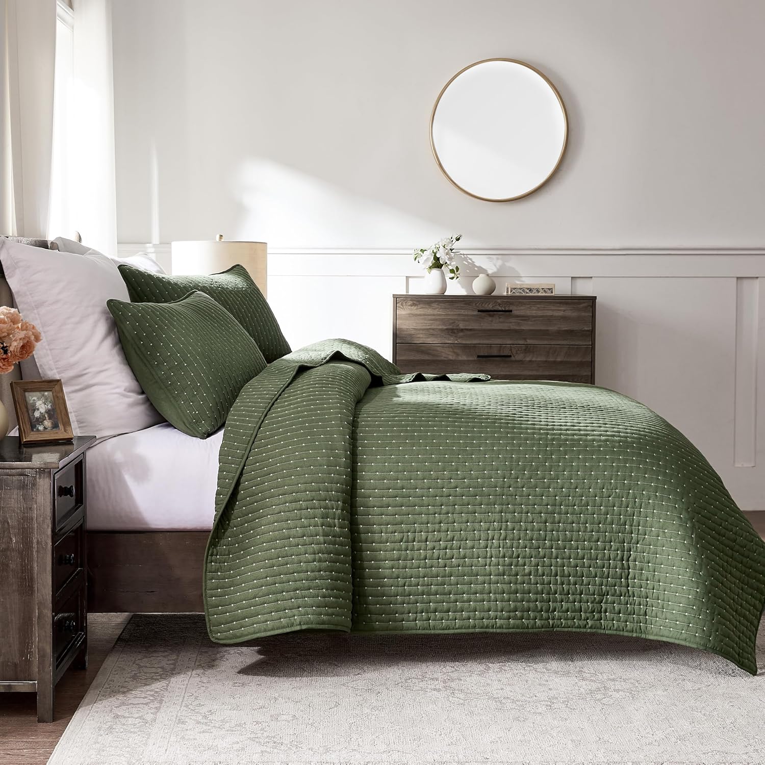 WDCOZY Olive Green Cross Stitch Queen Quilt Set 1