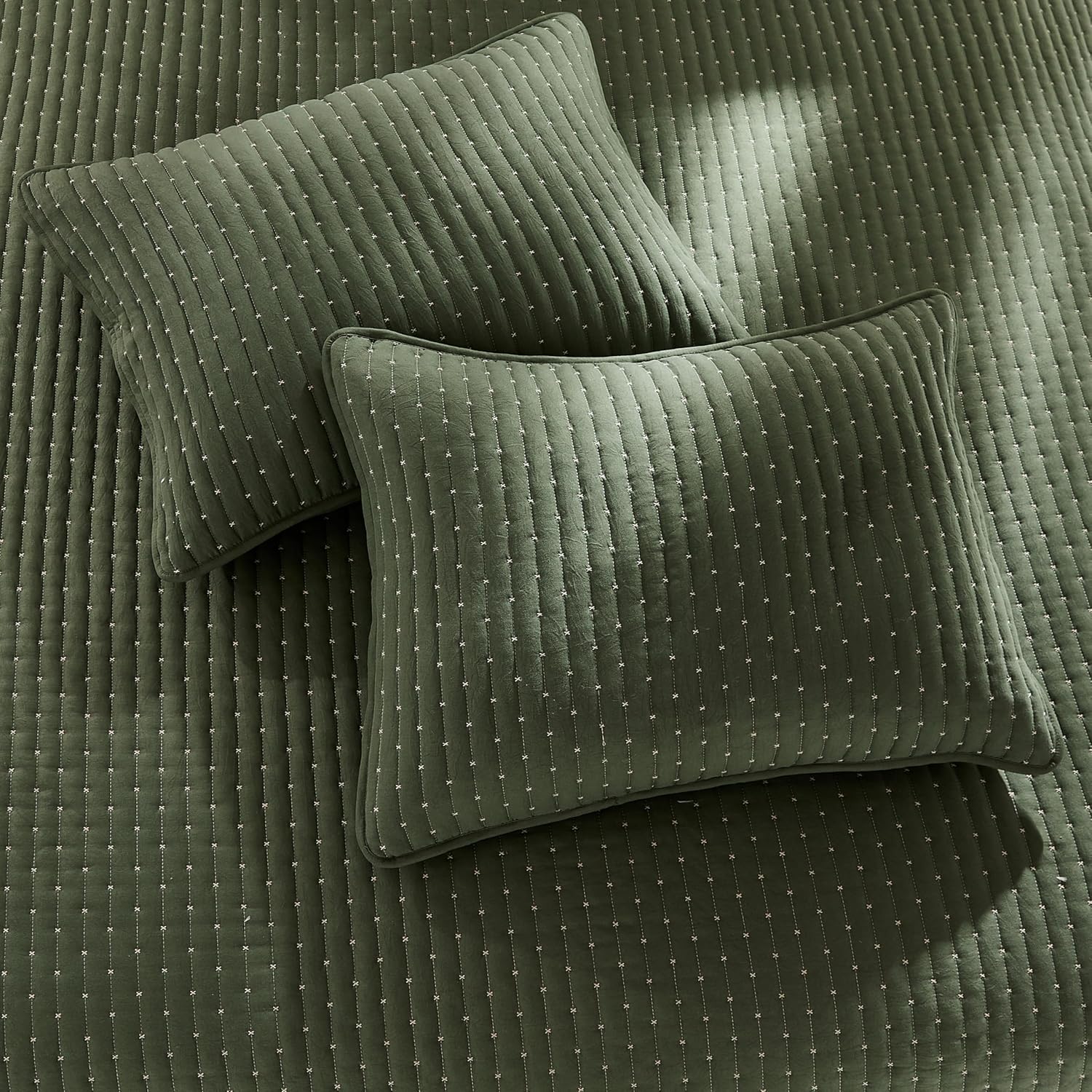 WDCOZY Olive Green Cross Stitch Queen Quilt Set 1
