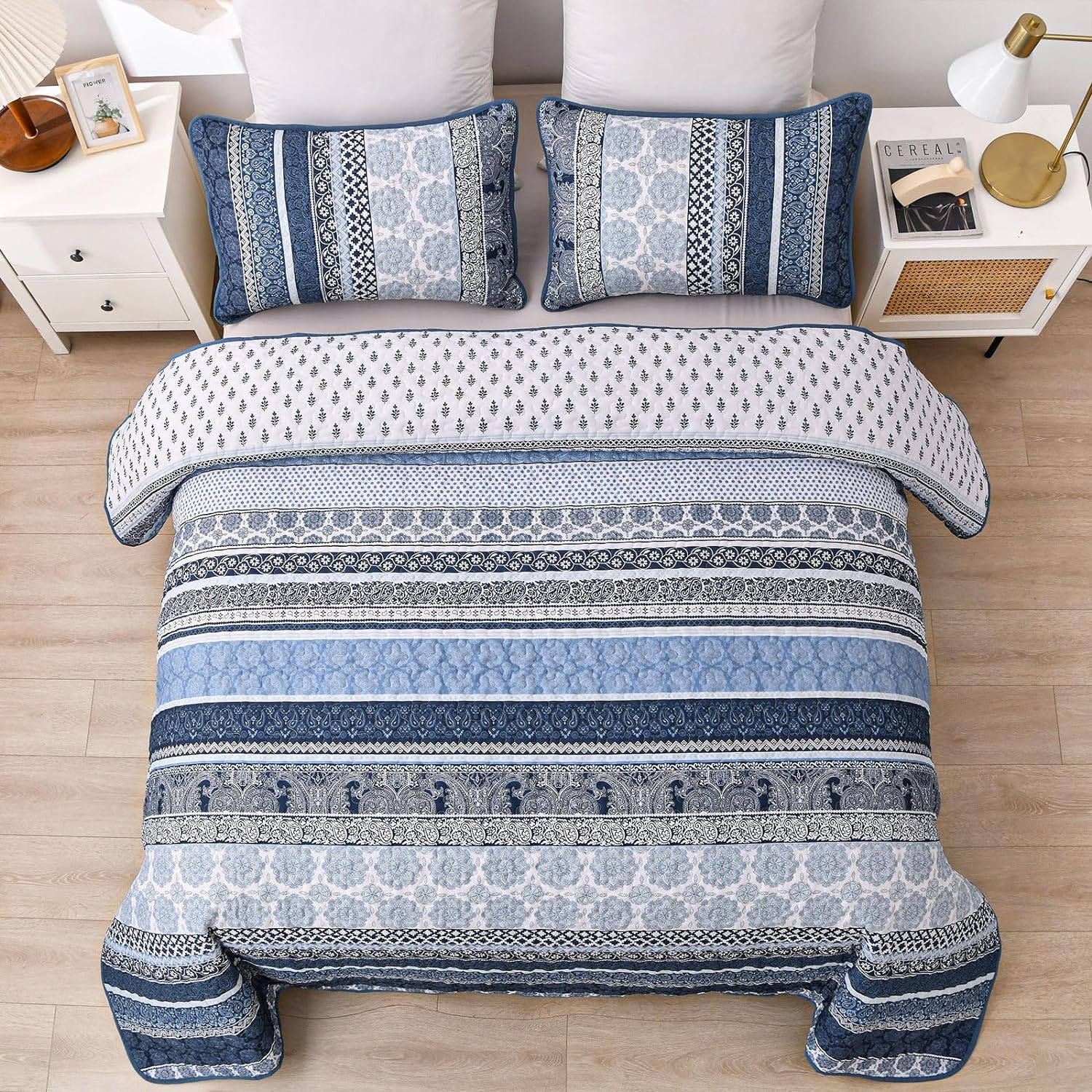 WONGS BEDDING Navy Blue Boho Queen Quilt Set 3pcs