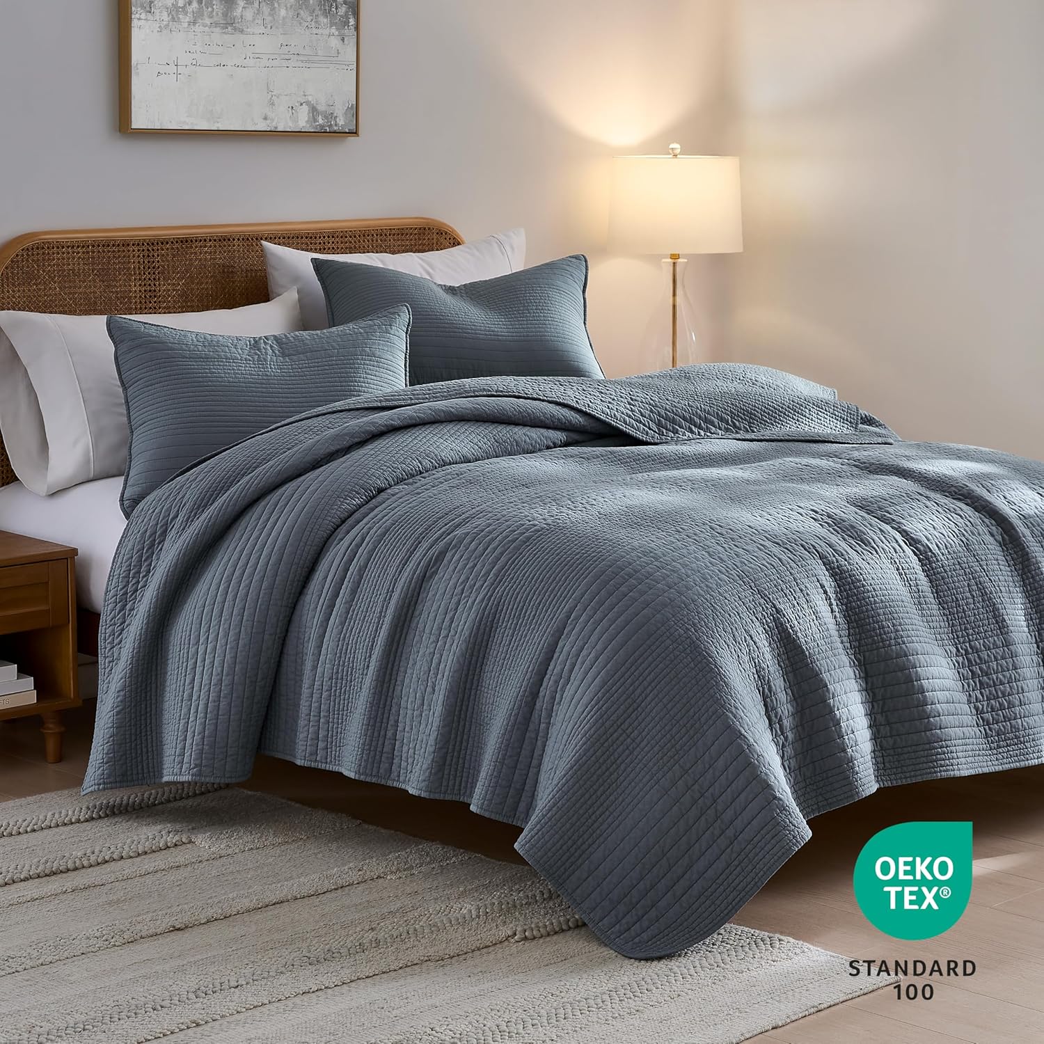 Palassio Striped Blue Grey Cotton Quilt Set King Size 2 Shams