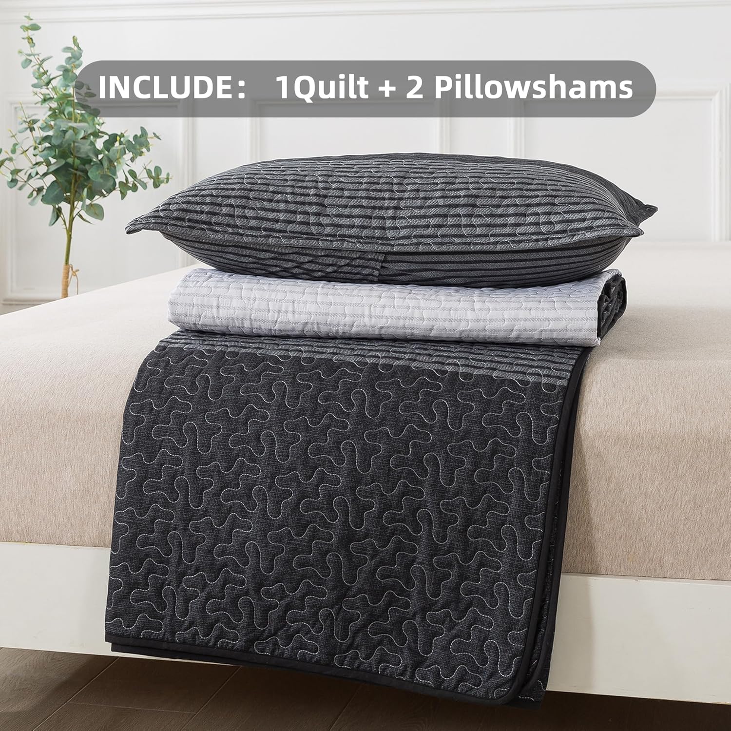 Andency Queen Quilt Set Black and White Striped