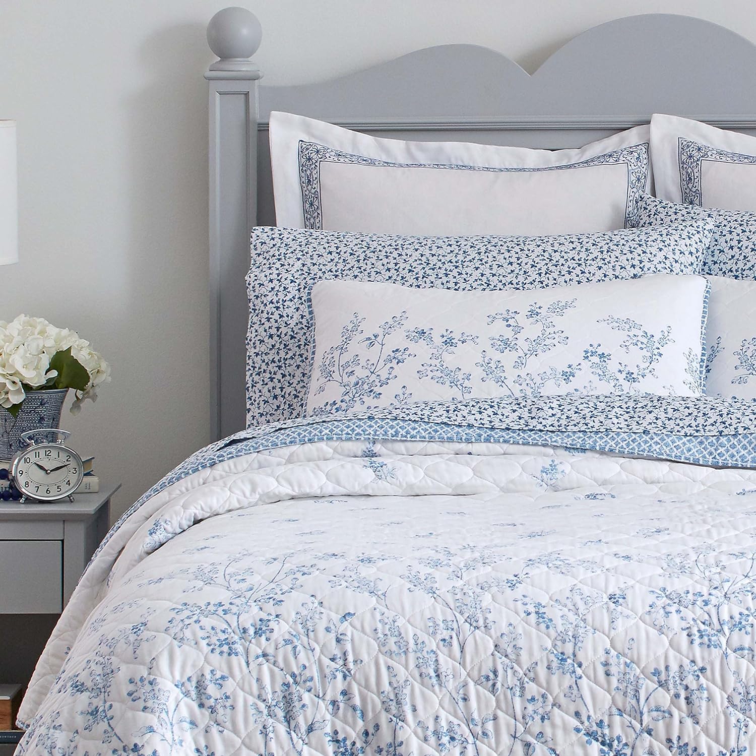 Laura Ashley Queen Quilt Set with Flora Blue Design