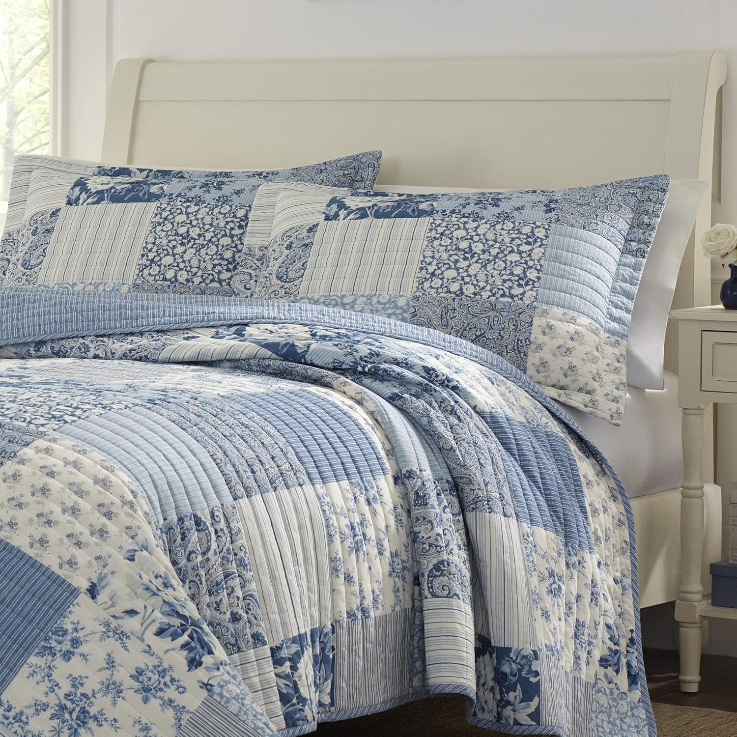 Laura Ashley Twin Quilt Set - Paisley Printed Patchwork Blue