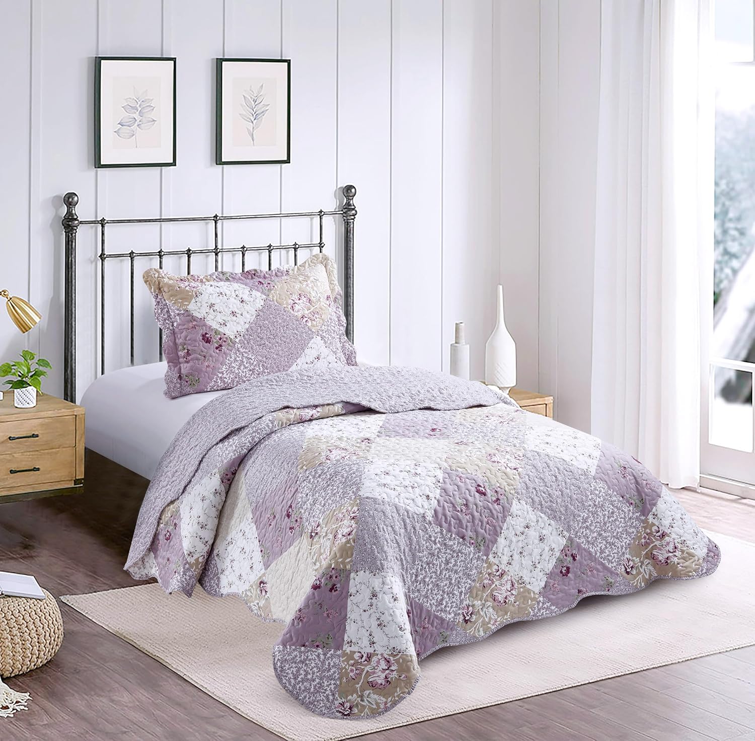 Brilliant Sunshine Lilac Rose Quilt Set 2-Piece