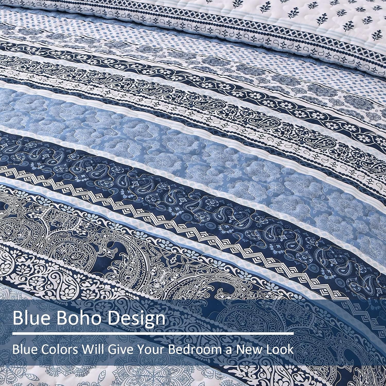 WONGS BEDDING Navy Blue Boho Queen Quilt Set 3pcs