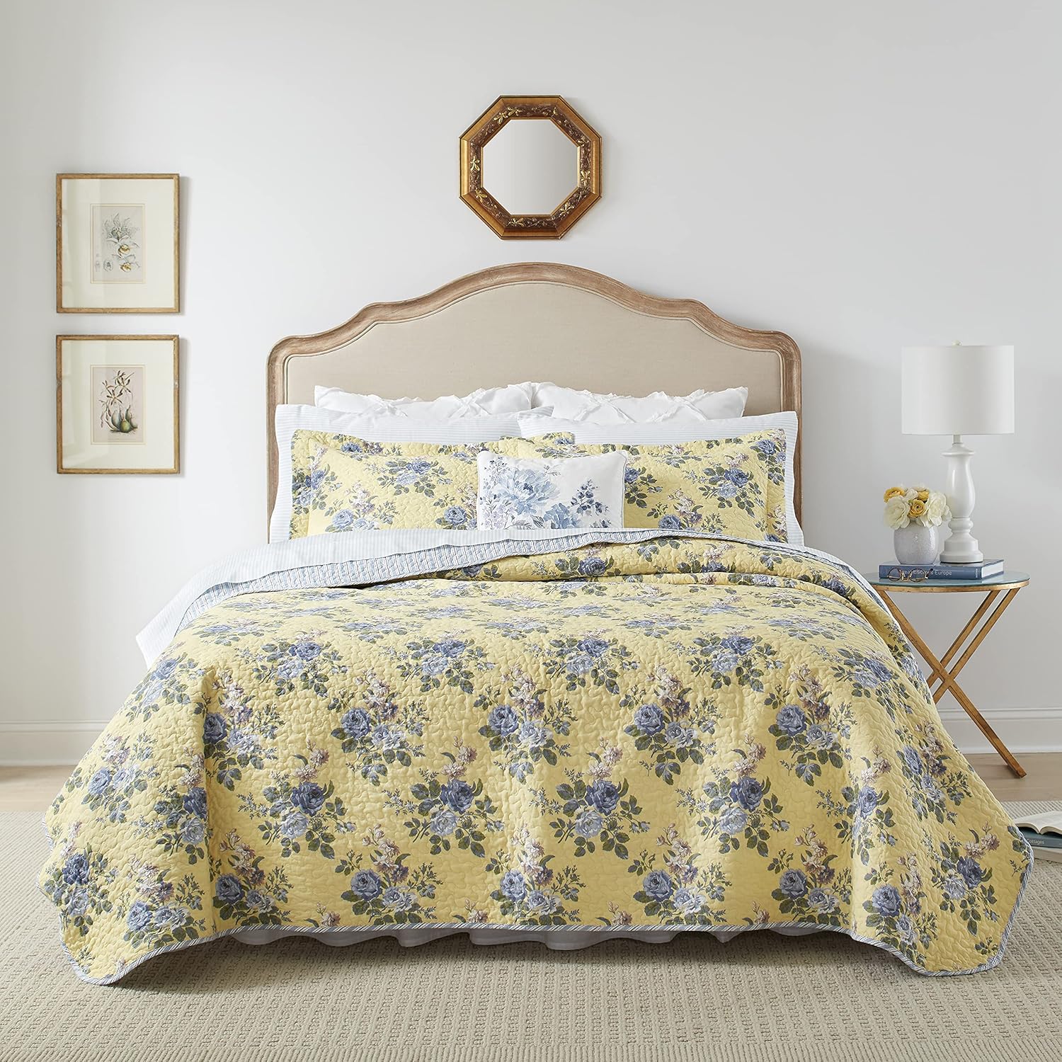 Laura Ashley King Quilt Set - Linley Yellow 3 Piece Reversible Cotton