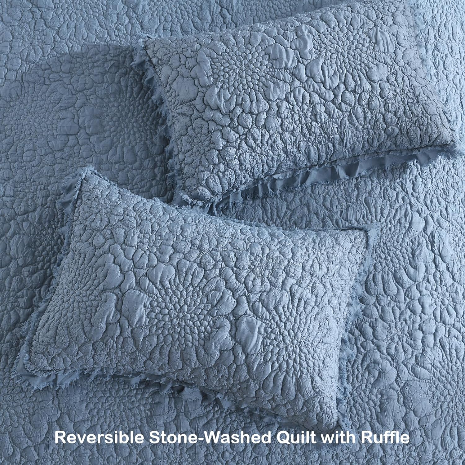 HORIMOTE HOME Blue Ruffled Quilt Set Queen Size 3 Piece