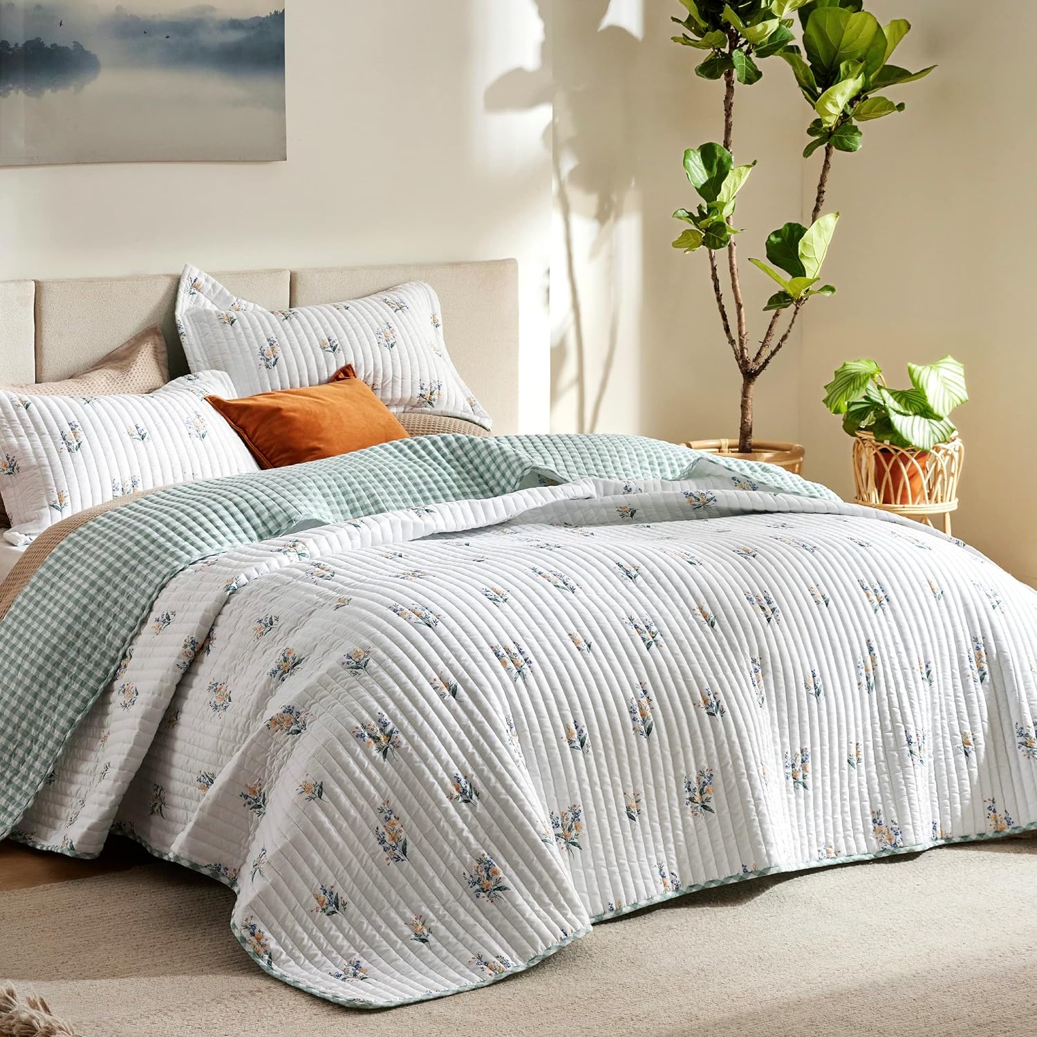 Bedsure Floral Quilt Set Queen - Reversible Botanical Quilt Bedding Set