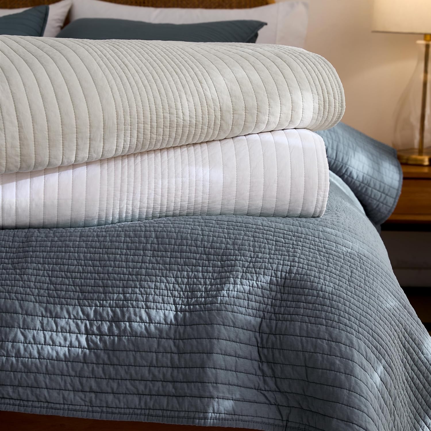 Palassio Striped Blue Grey Cotton Quilt Set King Size 2 Shams