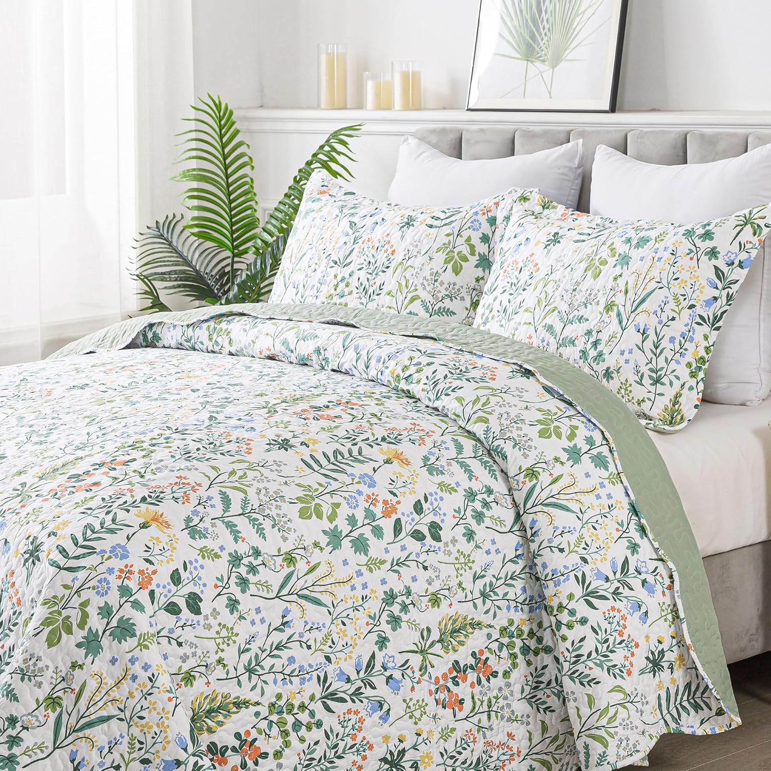 HoneiLife Queen Quilt Set - 3 Piece Lightweight Floral Bedding