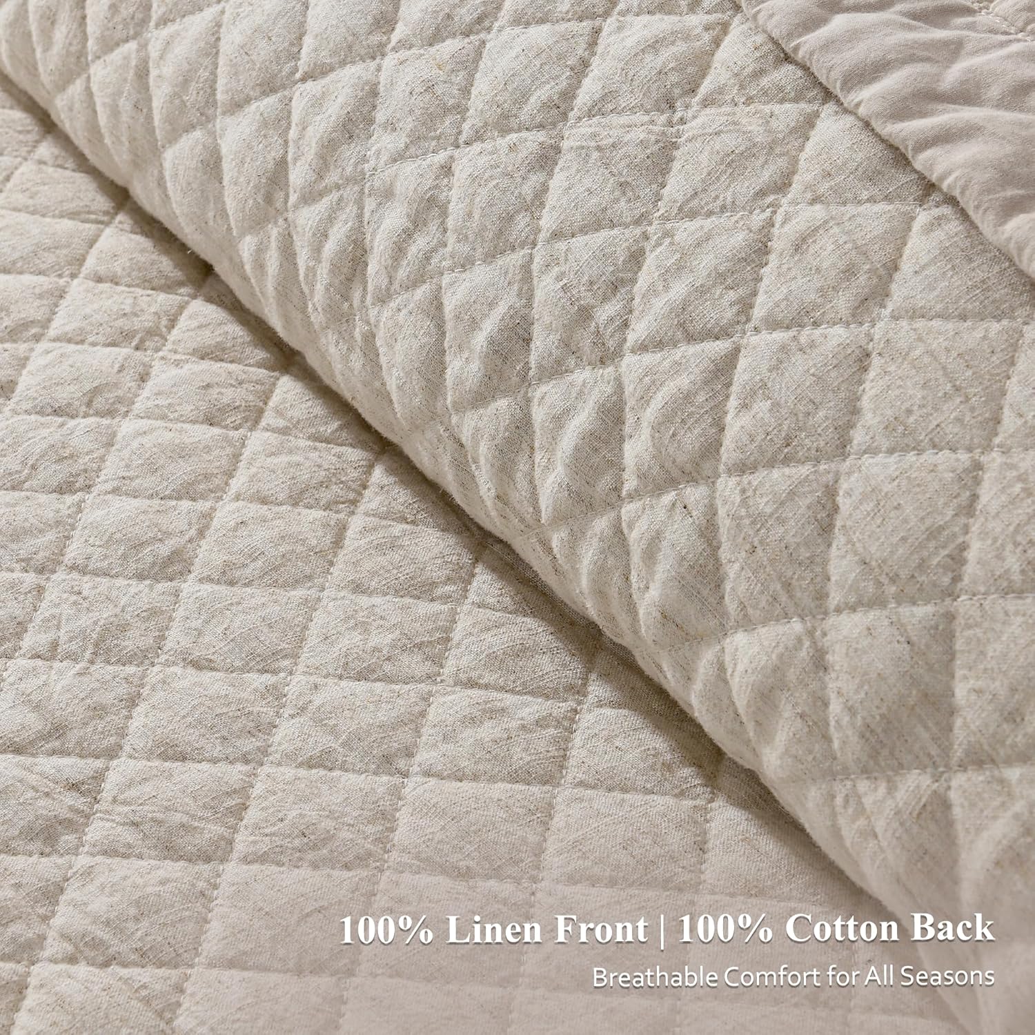 Grassix Queen Linen Front Cotton Back Quilt Set 3 Piece