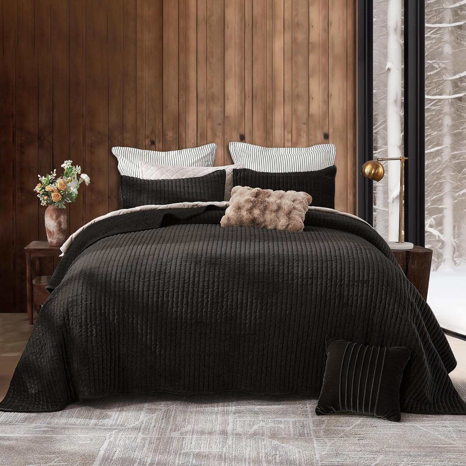 SHALALA Velvet Quilt King Size Set Dark Brown 3-Piece